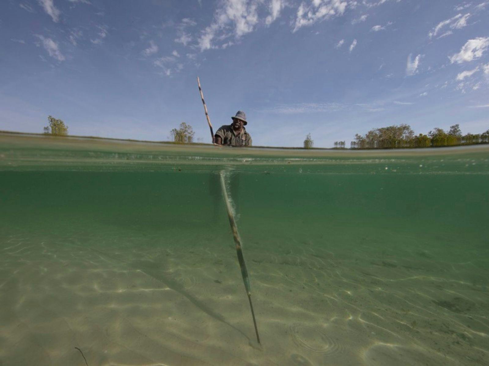Bundy throwing a spear into water.