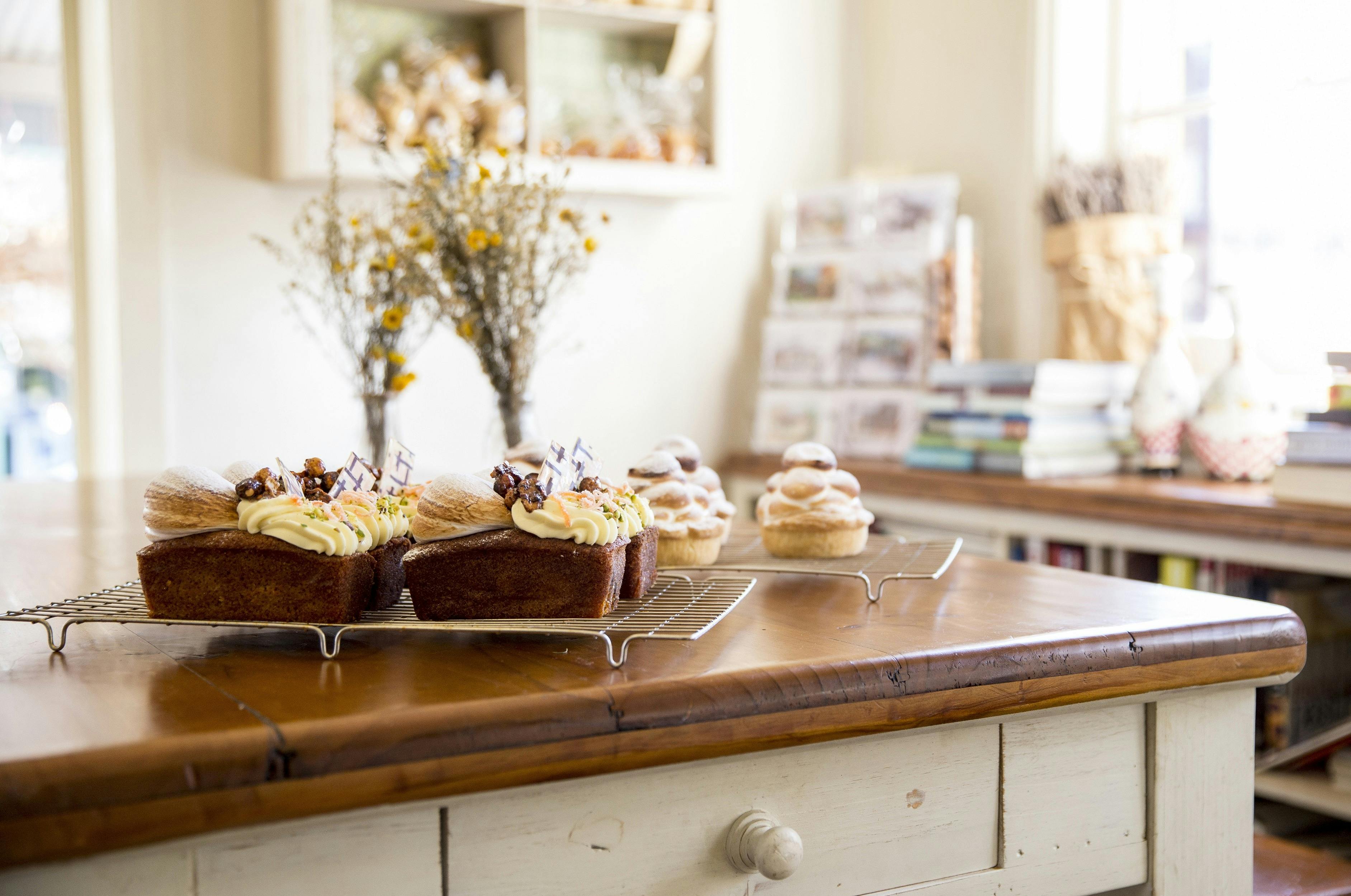 Baked cakes at Old Mill Cafe & Bakery, Millthorpe
