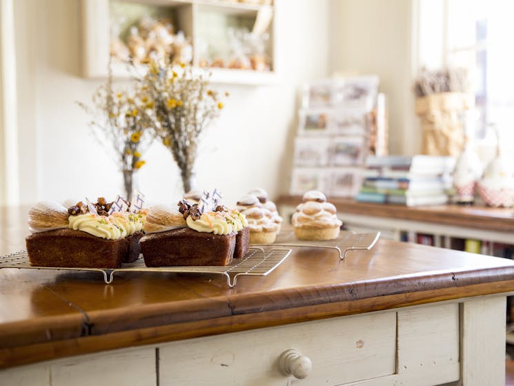 Baked cakes at Old Mill Cafe & Bakery, Millthorpe