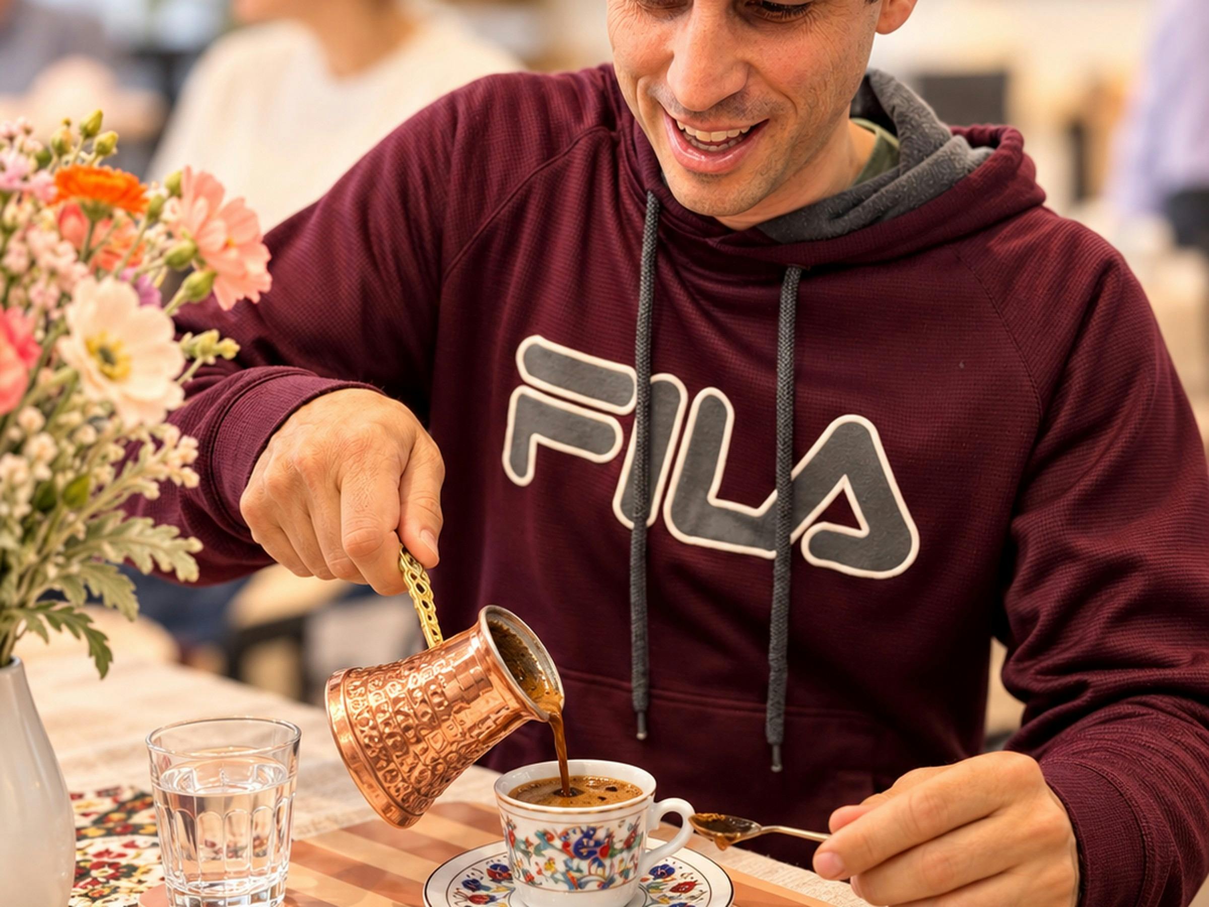 Guest pouring freshly brewed Turkish coffee from a copper cezve