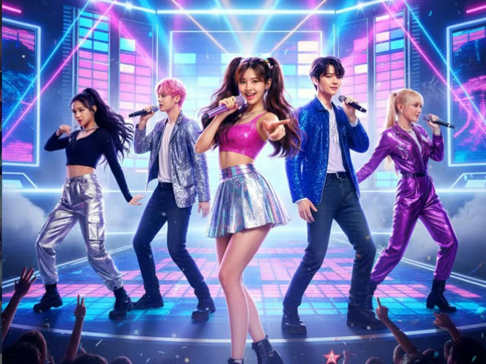 4 K pop dancers performing on stage