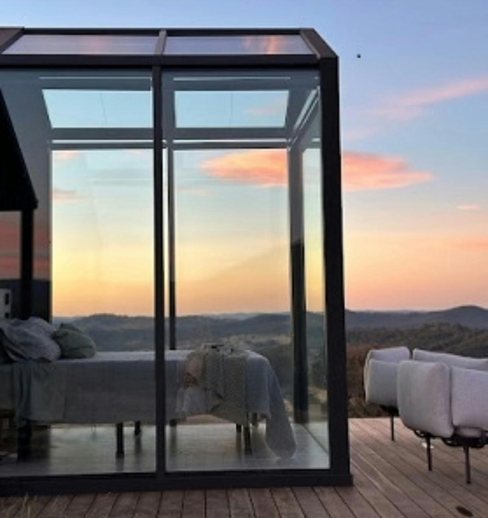 Glasshouse, bedroom, sunset, mountains