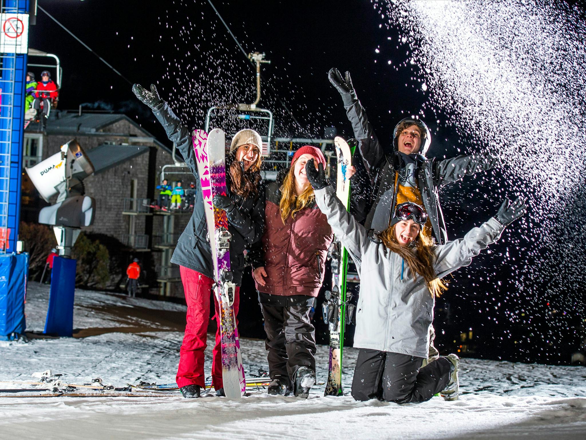 Smiling faces during twilight skiing