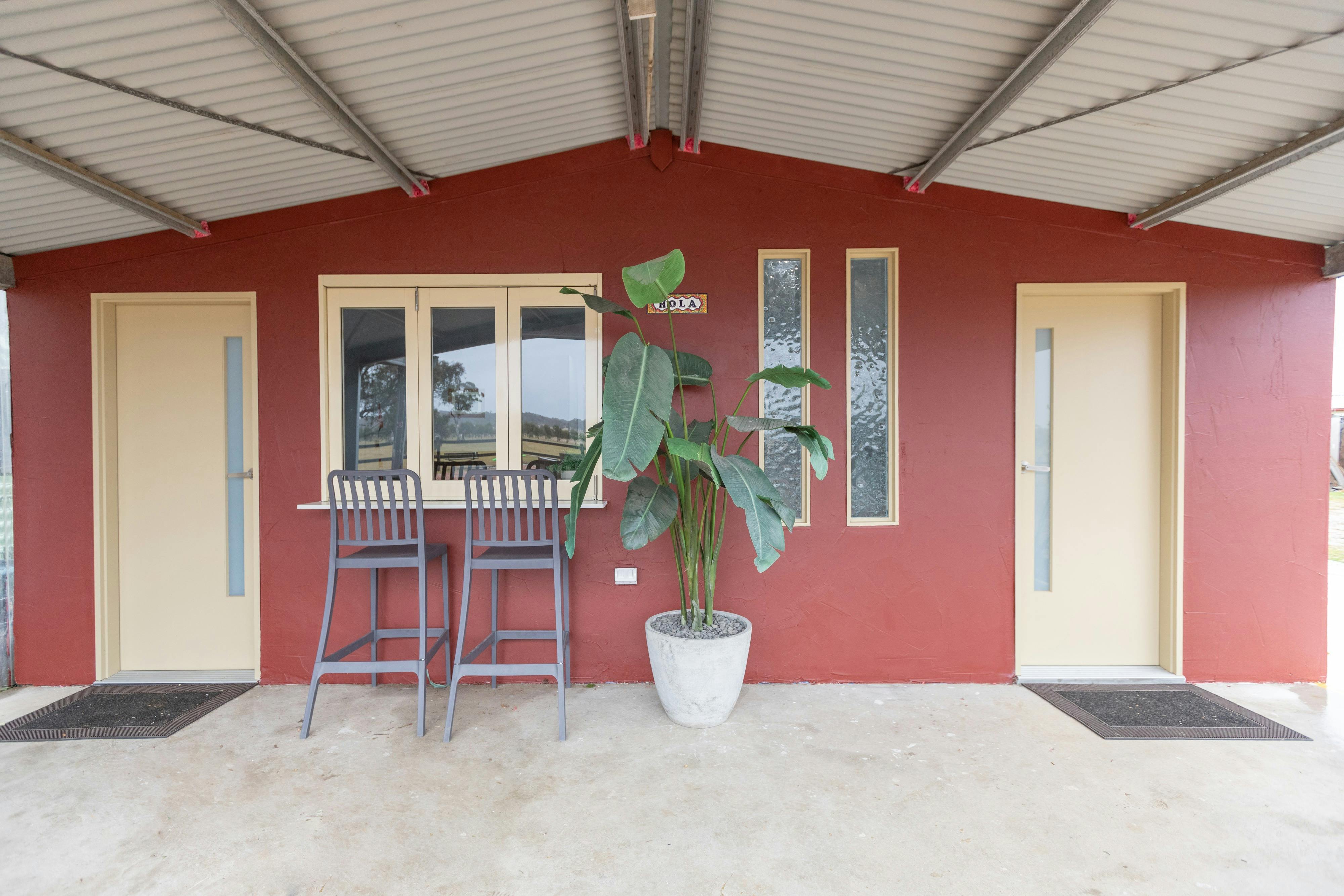 Units 1 and 2 front entry, left is Le Roi Burrow, right is La Dame Burrow