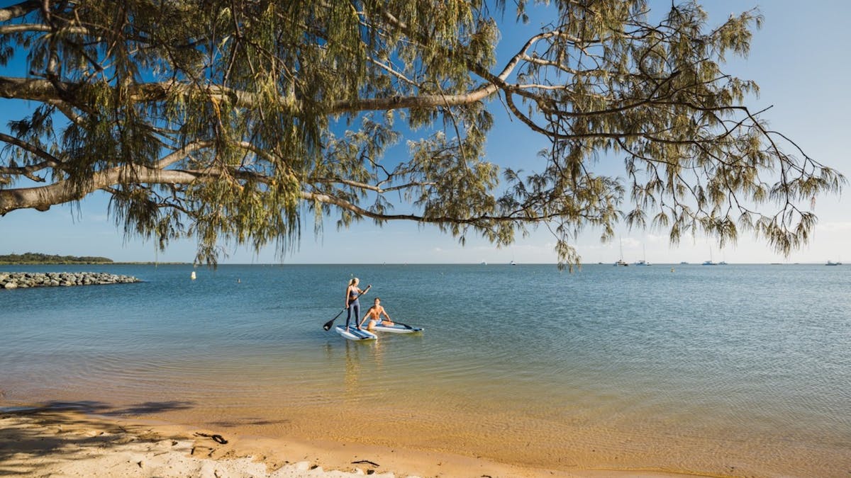 Couple stand up paddle boarding near the shoreline of Raby Bay Foreshore Park, Redlands Coast, QLD