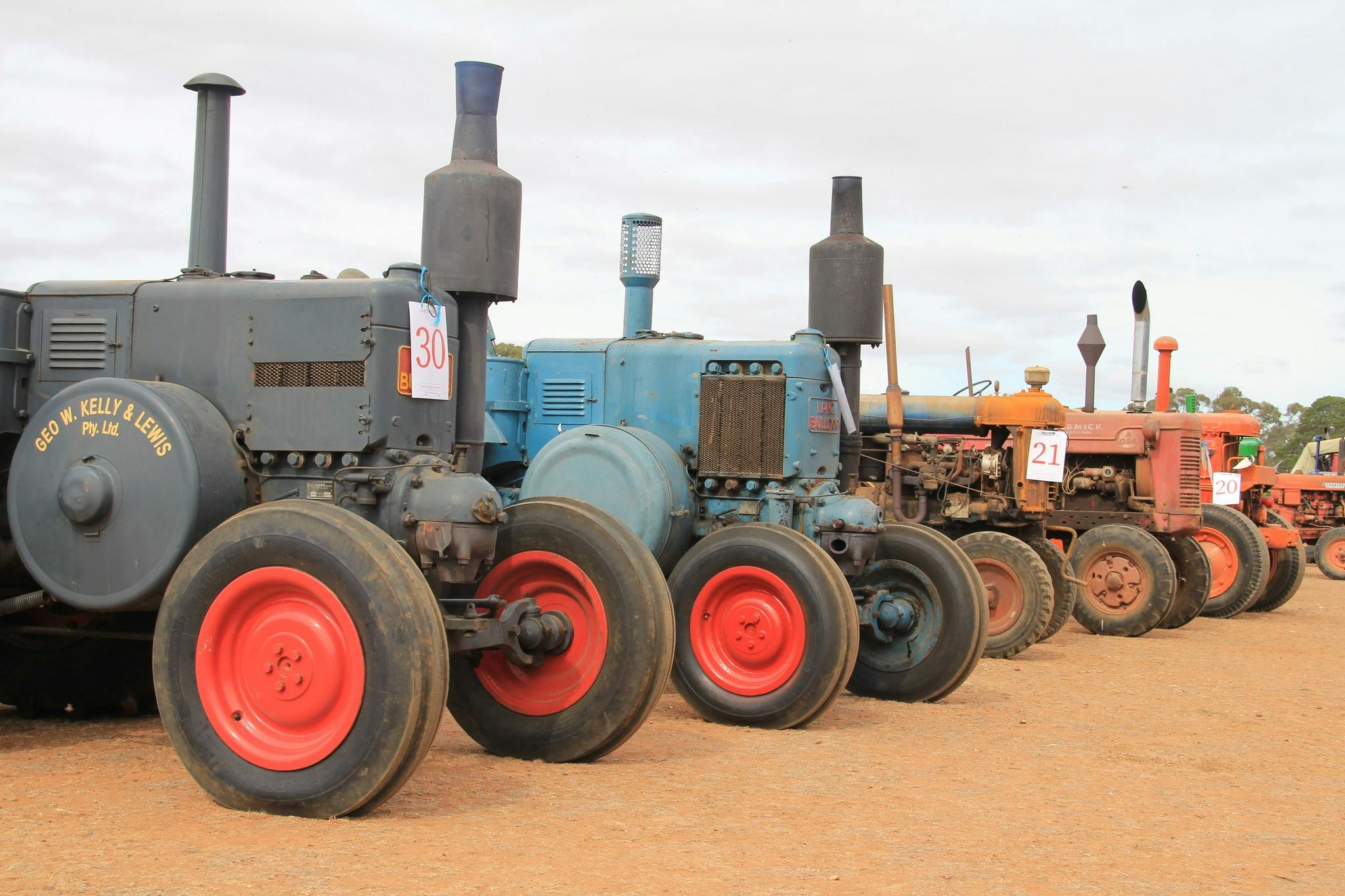 Vintage tractors lined up ready for action