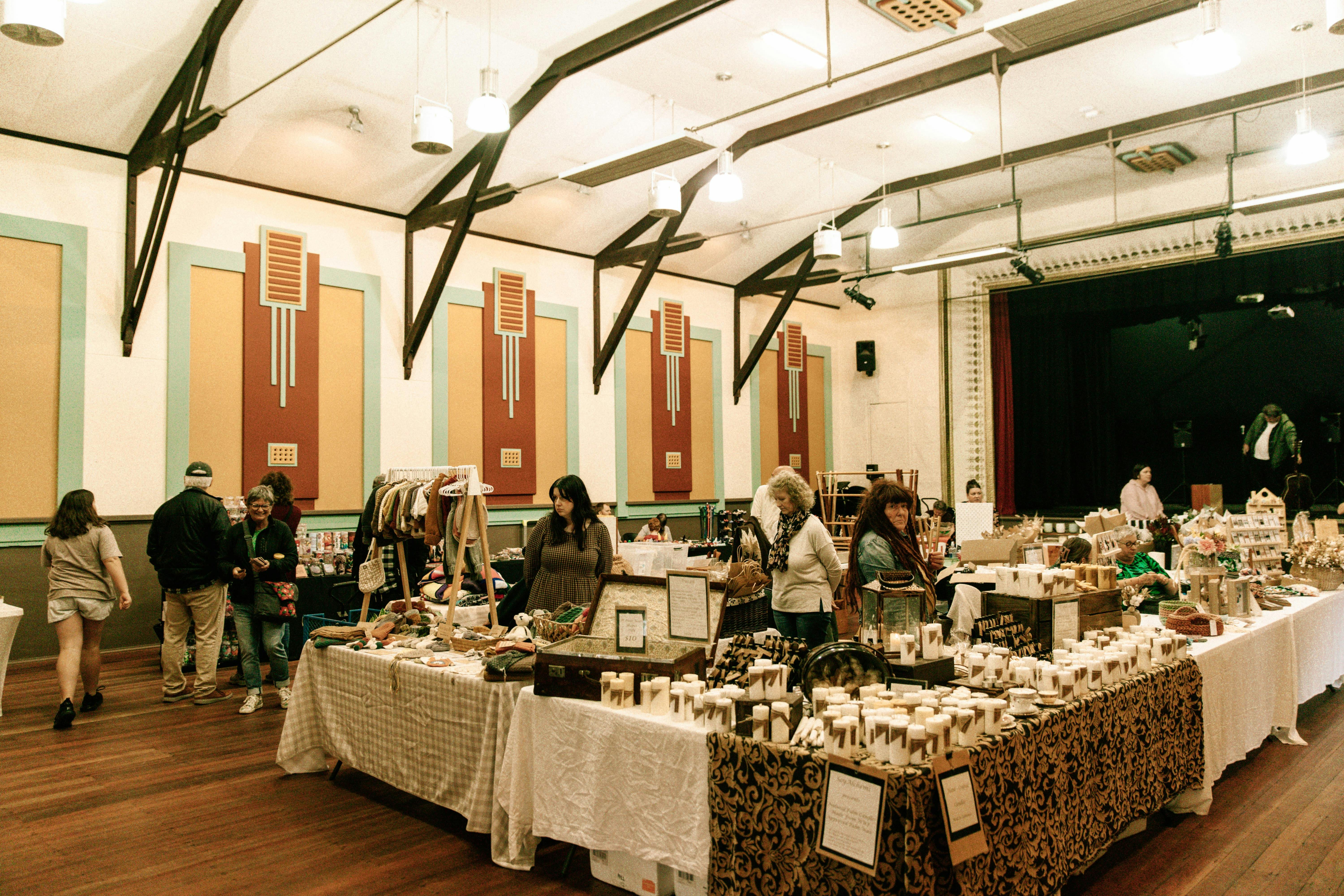 market stalls in old town hall setting