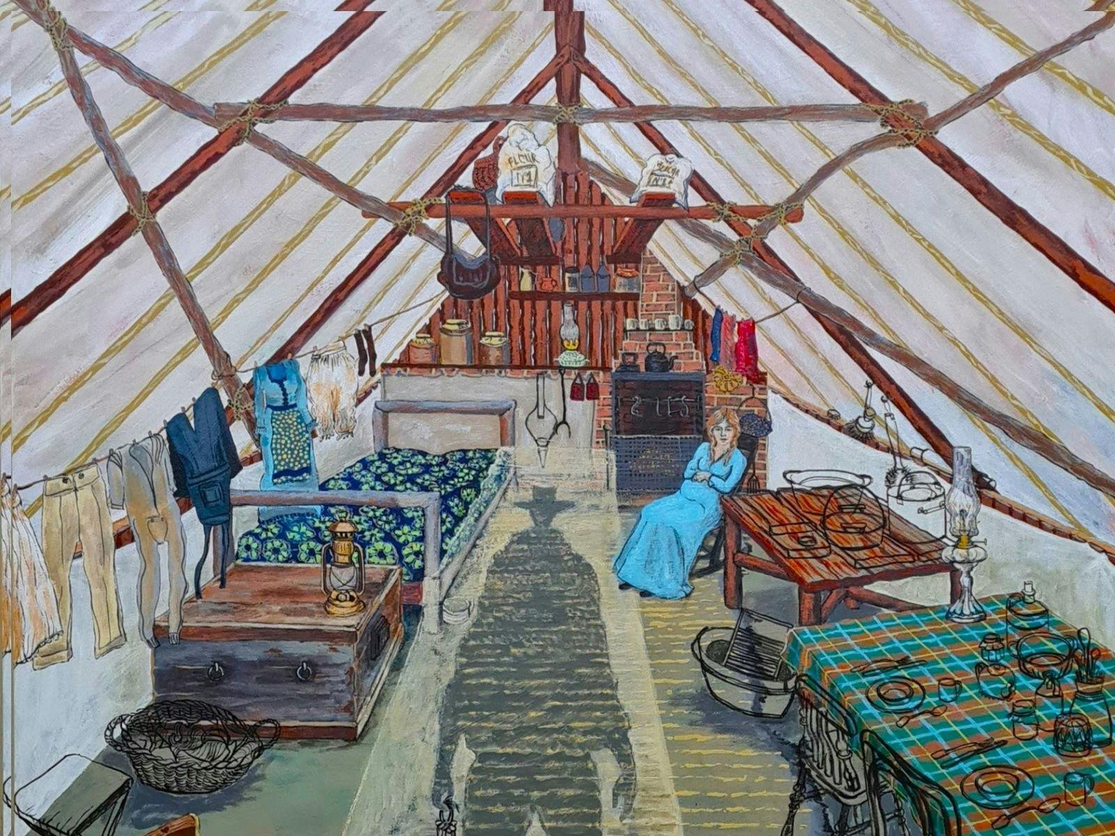 an illustration of a an interior of house with a woman sitting inside