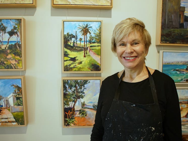 Barbara Gray  Northern illawarra Art Trail in her studio with her paintings