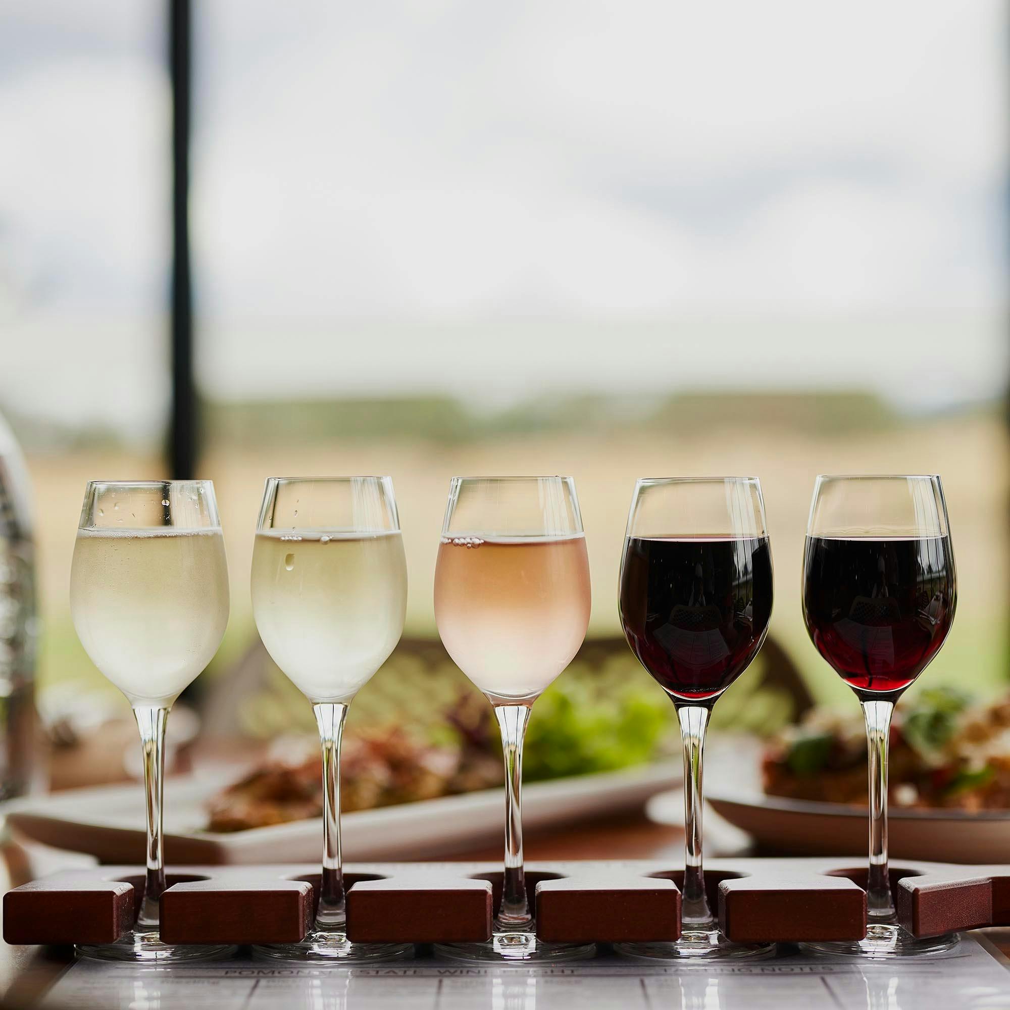 Pomonal Estate wine tasting, miniature glasses with white, rose and red wine