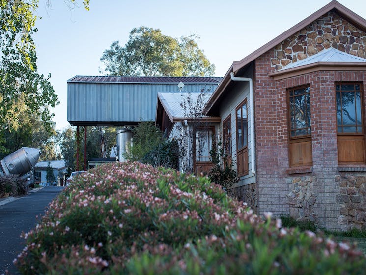 Lazy Oak Wines cellar door, quaint stone and brick building attached to the winery.