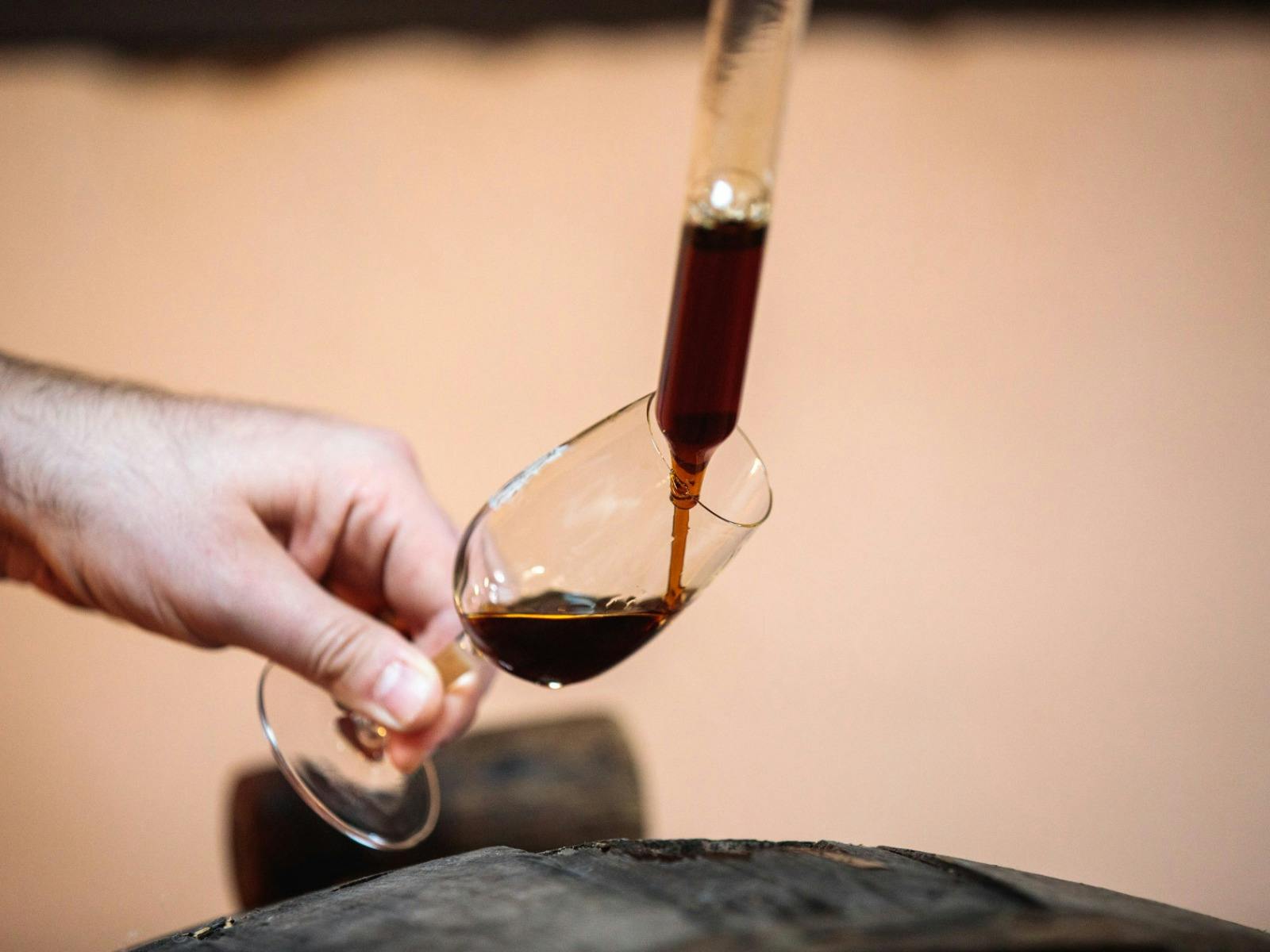 A sample of fortified wine drawn from a barrel