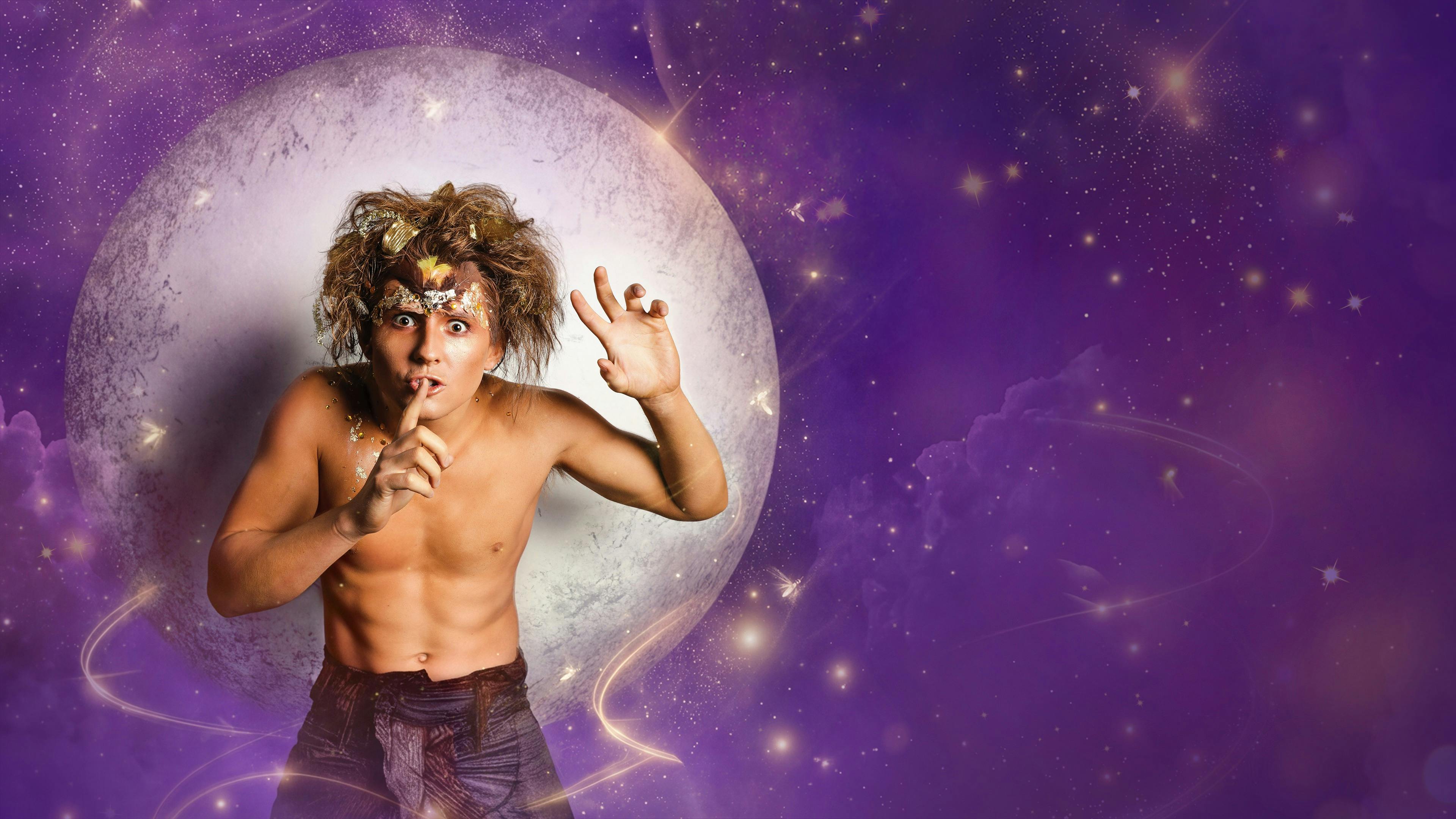 Person shhing in front of the moon with purple background