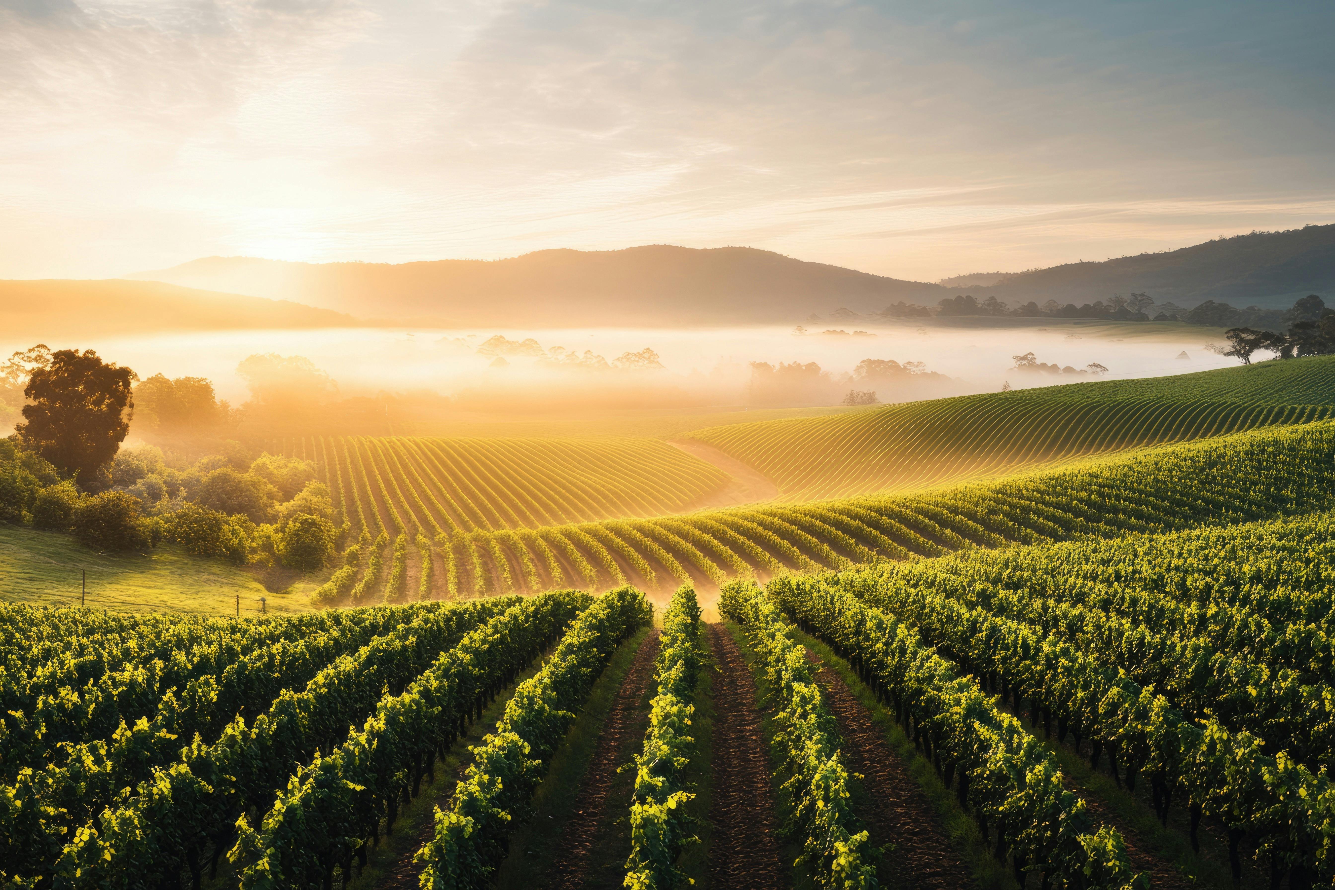 Fog rising over a vineyard in the Yarra Valley, vines in foreground