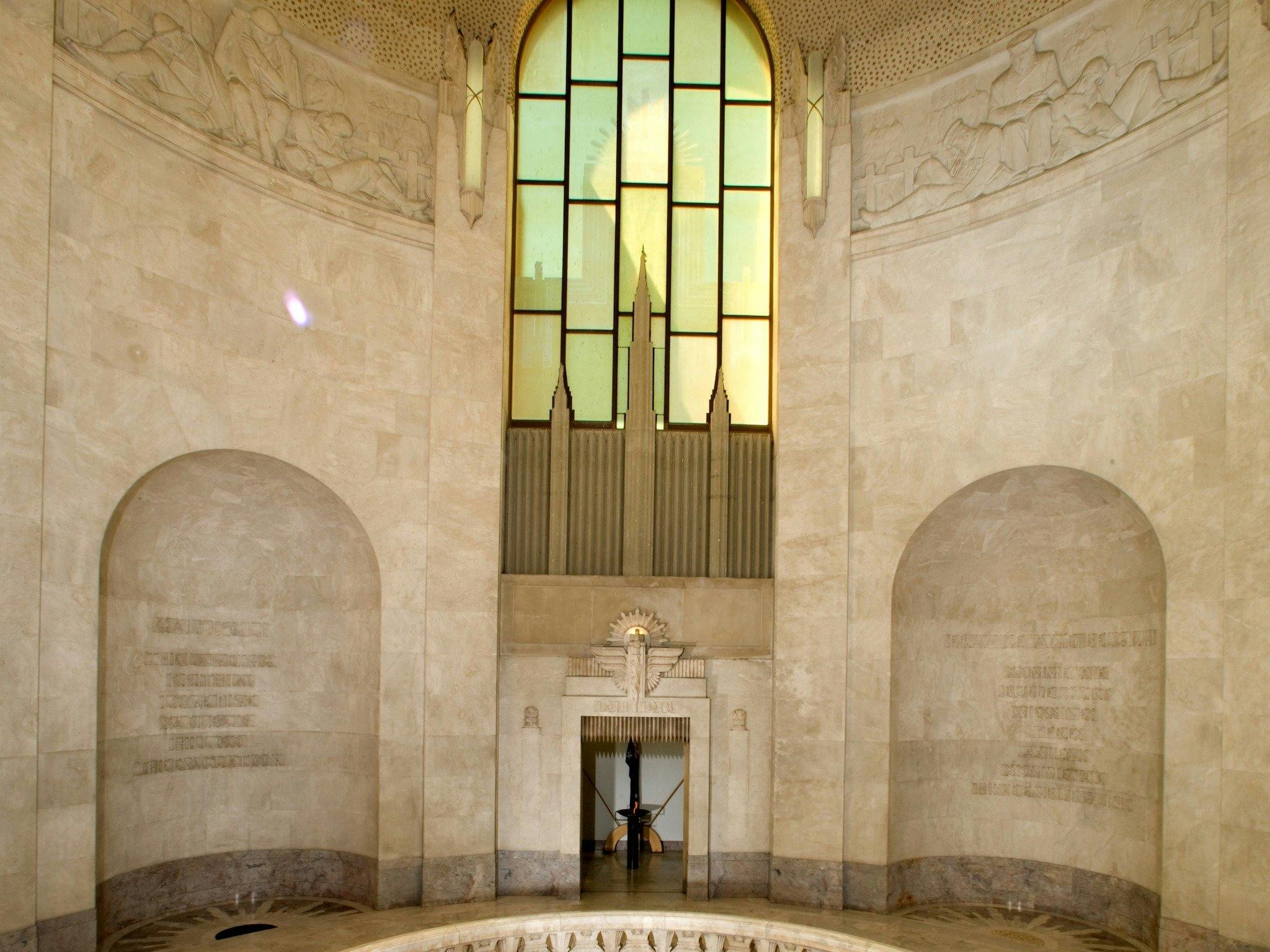 Inside the Hall of Memory looking to the Flame Room and the Naval and Army interior bas reliefs