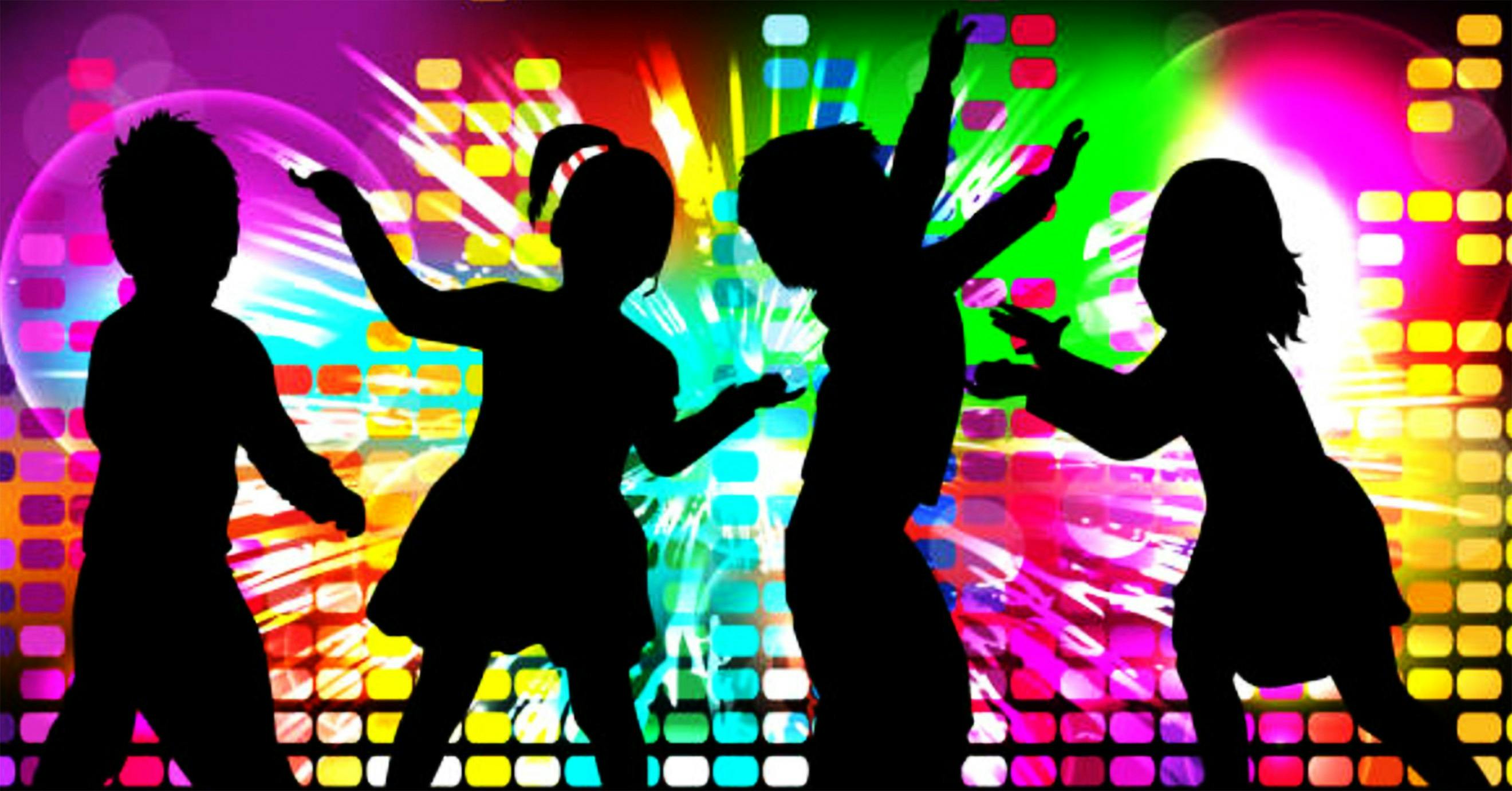 Silhouettes of kids dancing in front of rainbows and stars,