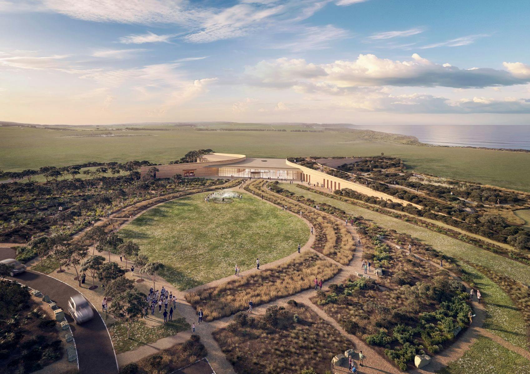 An aerial view of the Twelve Apostles Visitor Centre Render with ocean in background