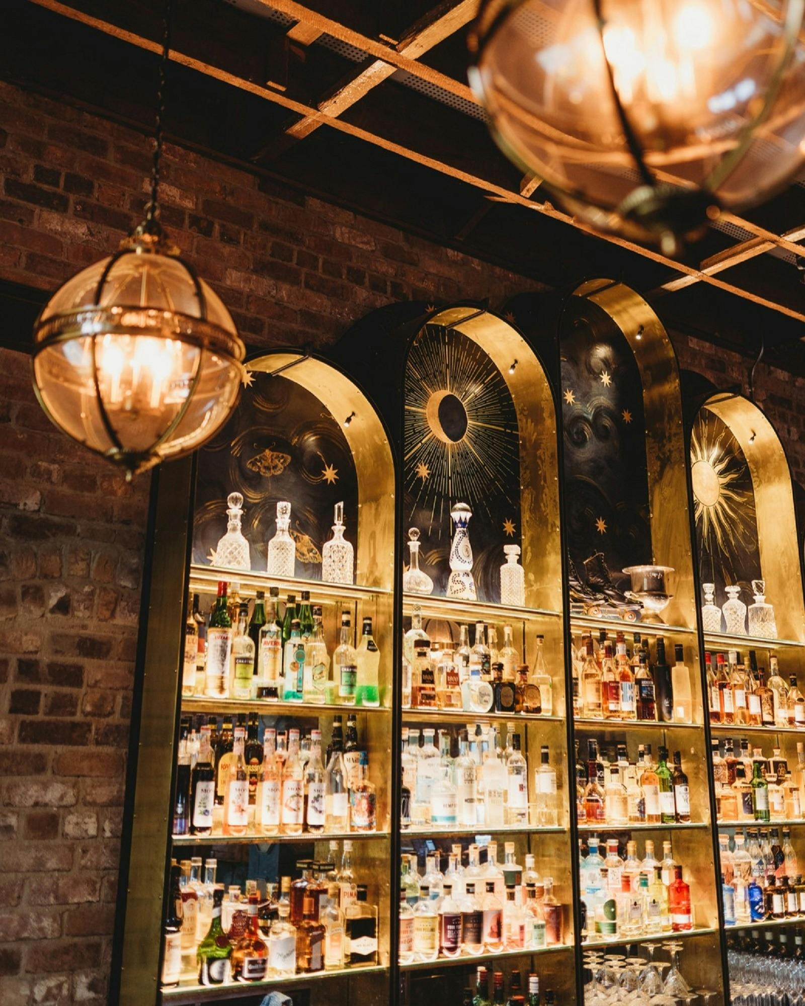 Beautiful decorated bar wall and shelves