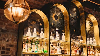Beautiful decorated bar wall and shelves