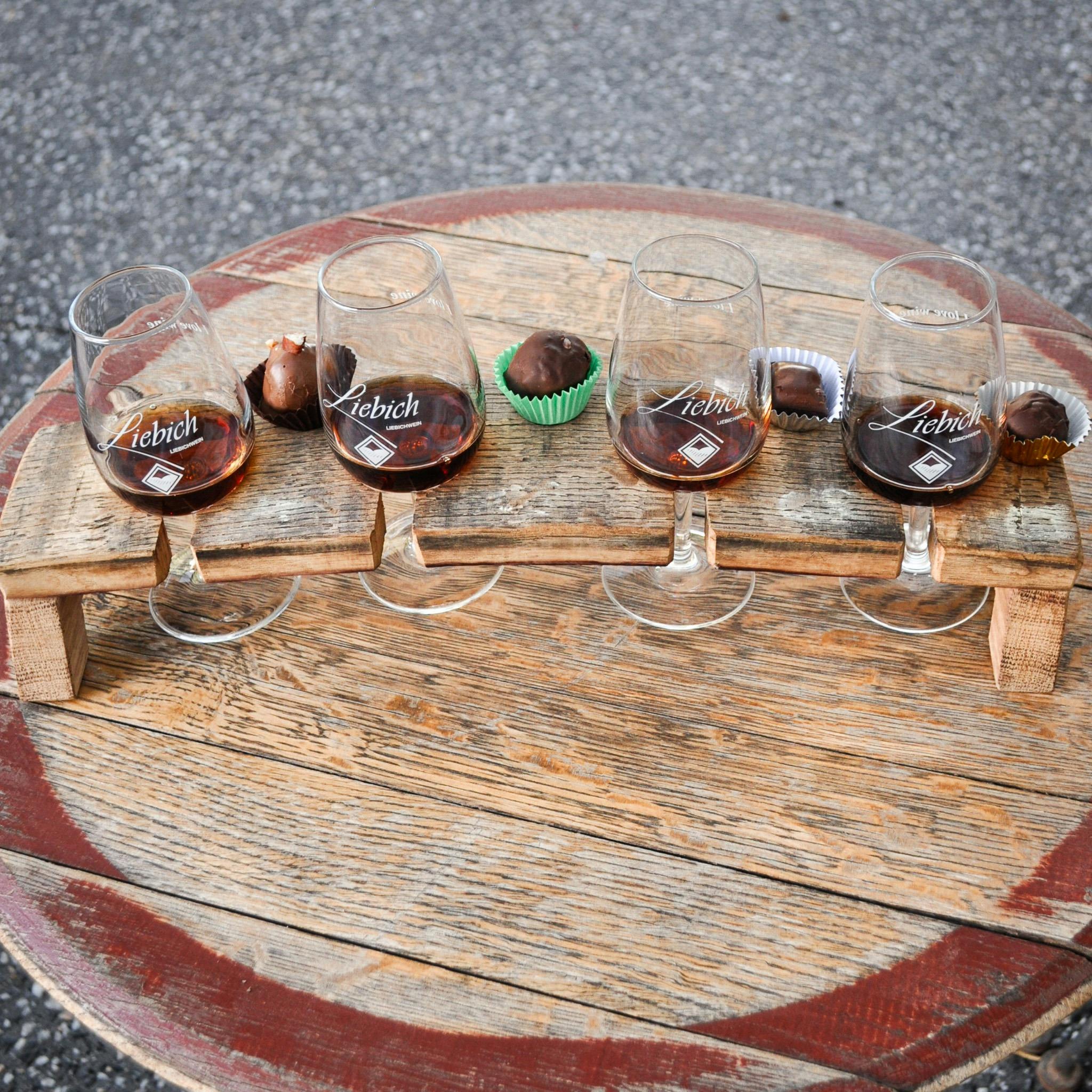 Liebichwein fortified wine tasting flight with chocolate truffles