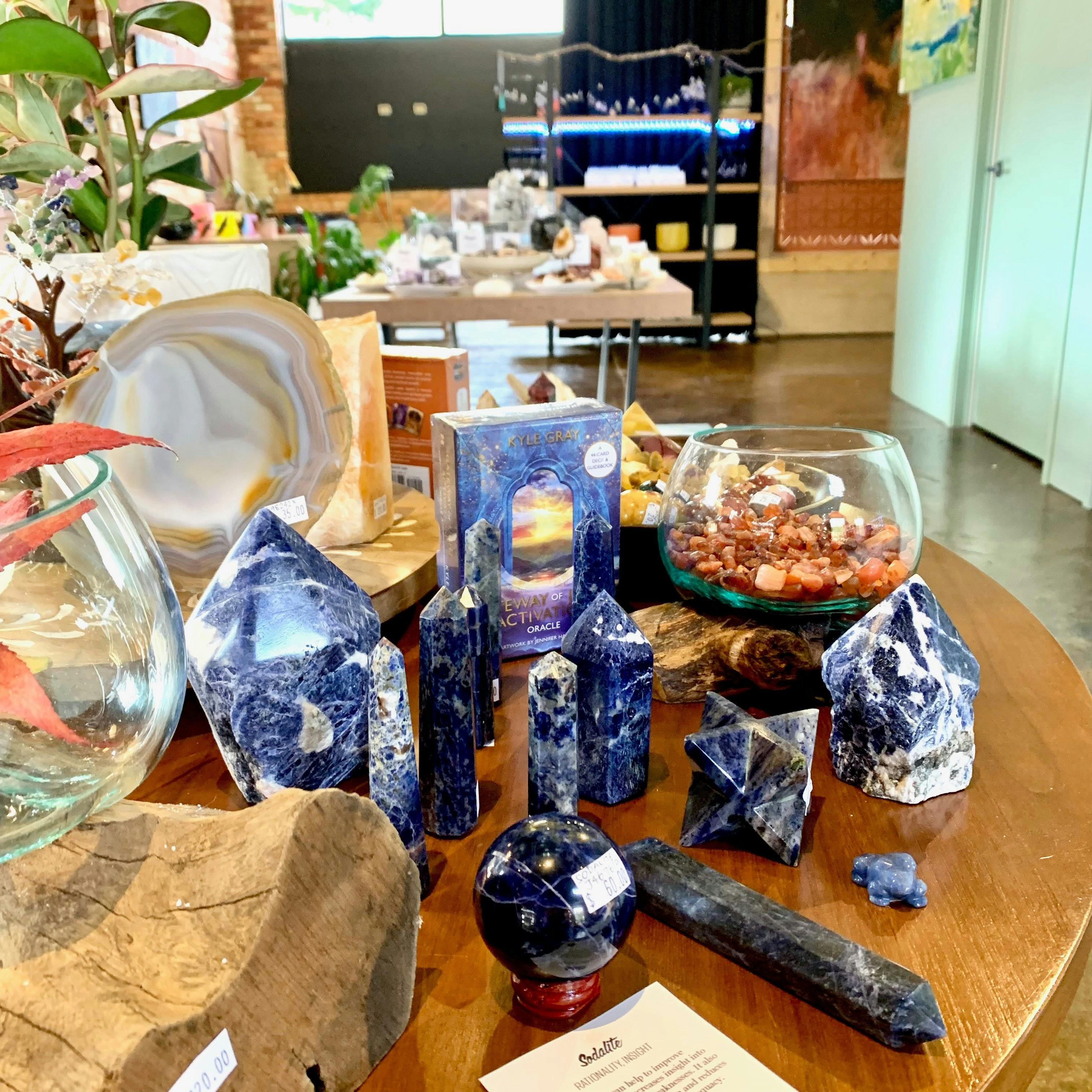 Table of blue and white patterned crystal.