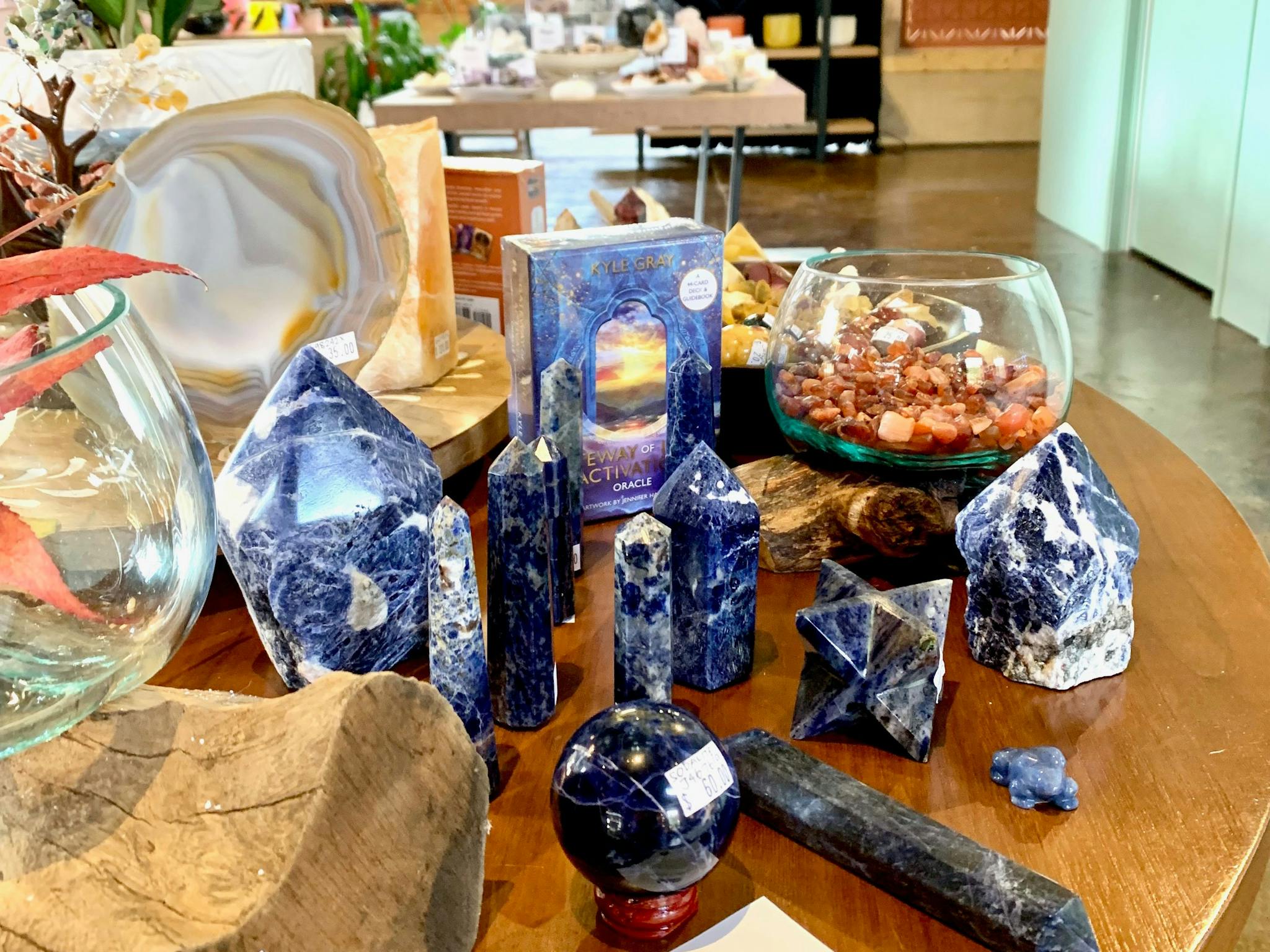 Table of blue and white patterned crystal.