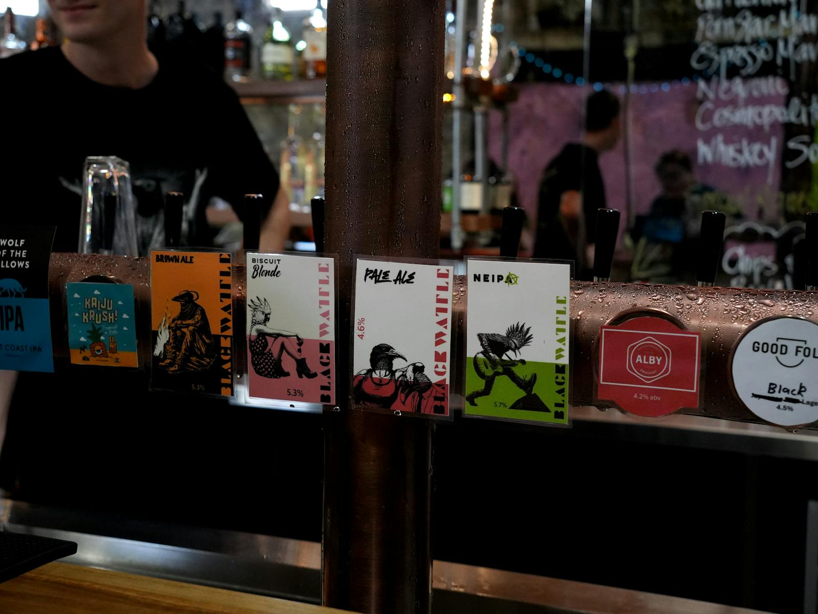 Tapfronts of Blackwattle Brewery beer featuring a NEIPA, Pale Ale, Biscuit Blonde and Brown Ale