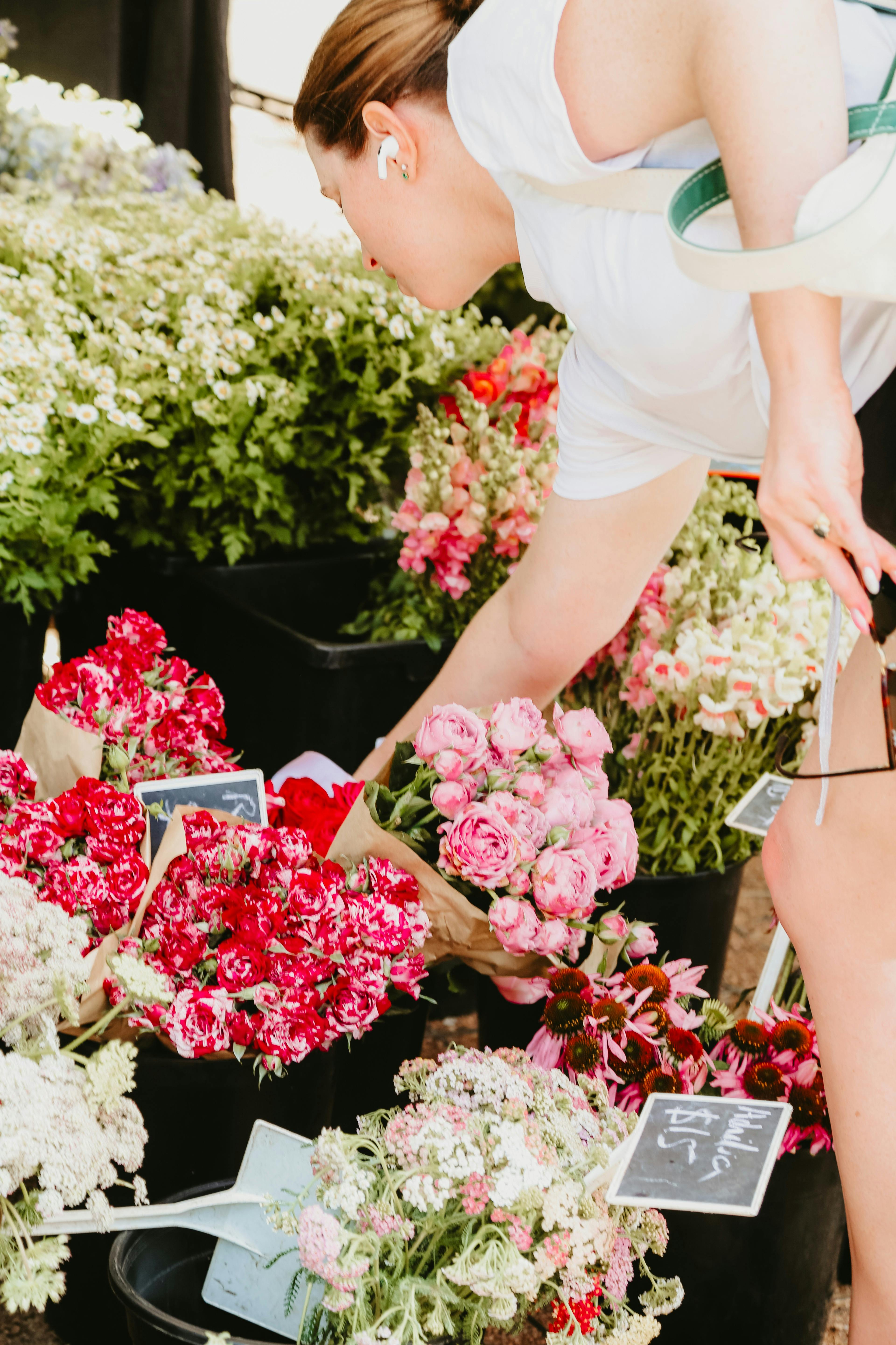 A person reaches down to grab a bunch of pink flowers
