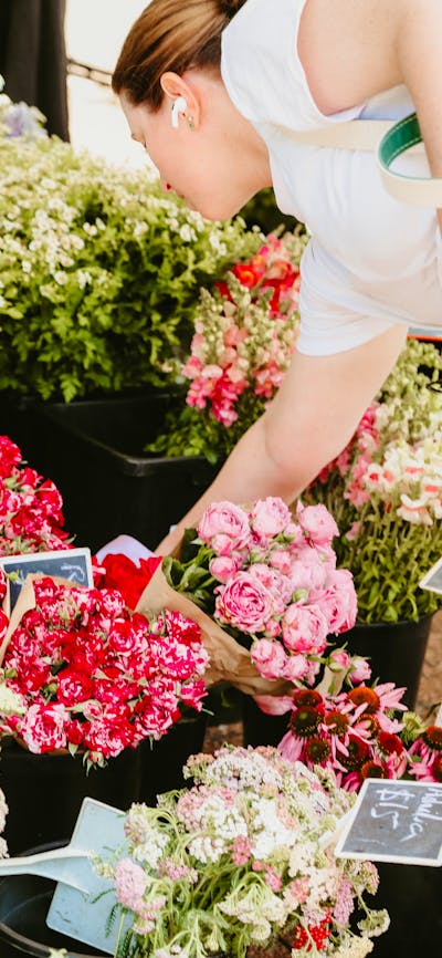 A person reaches down to grab a bunch of pink flowers