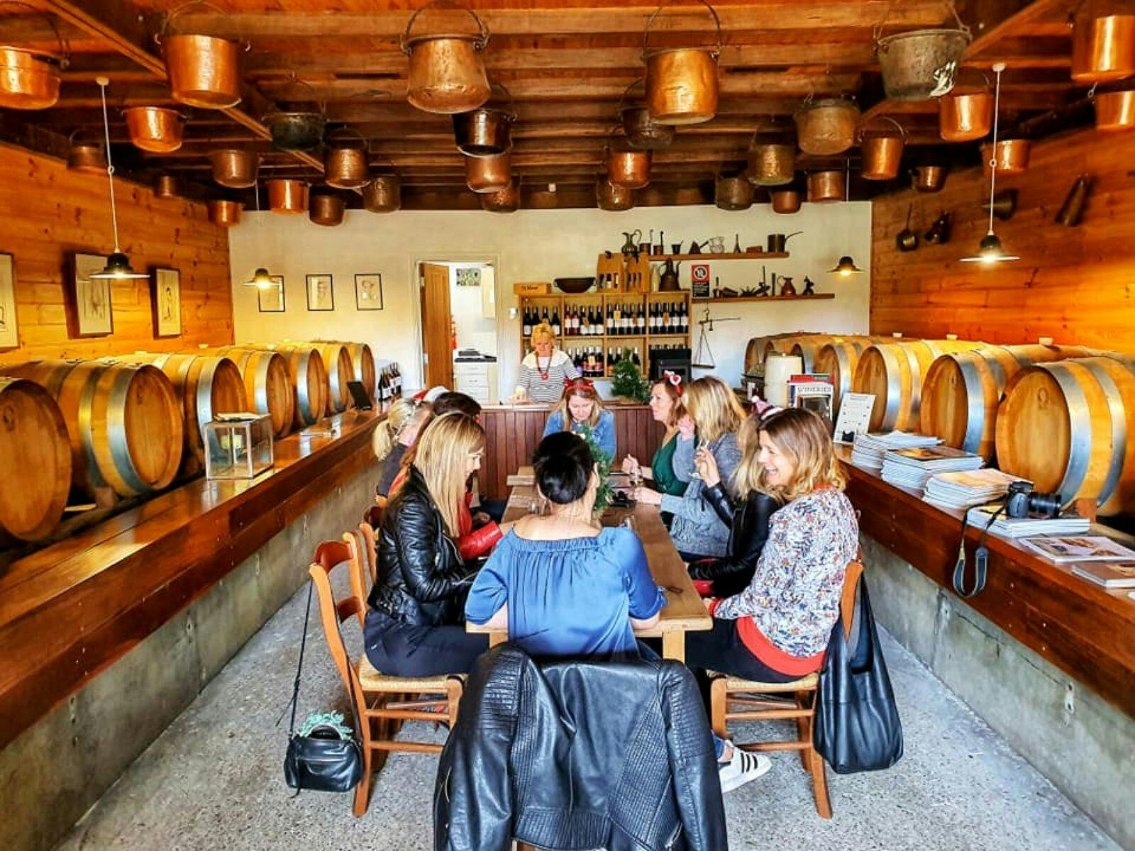 wine tasting among wine barrels