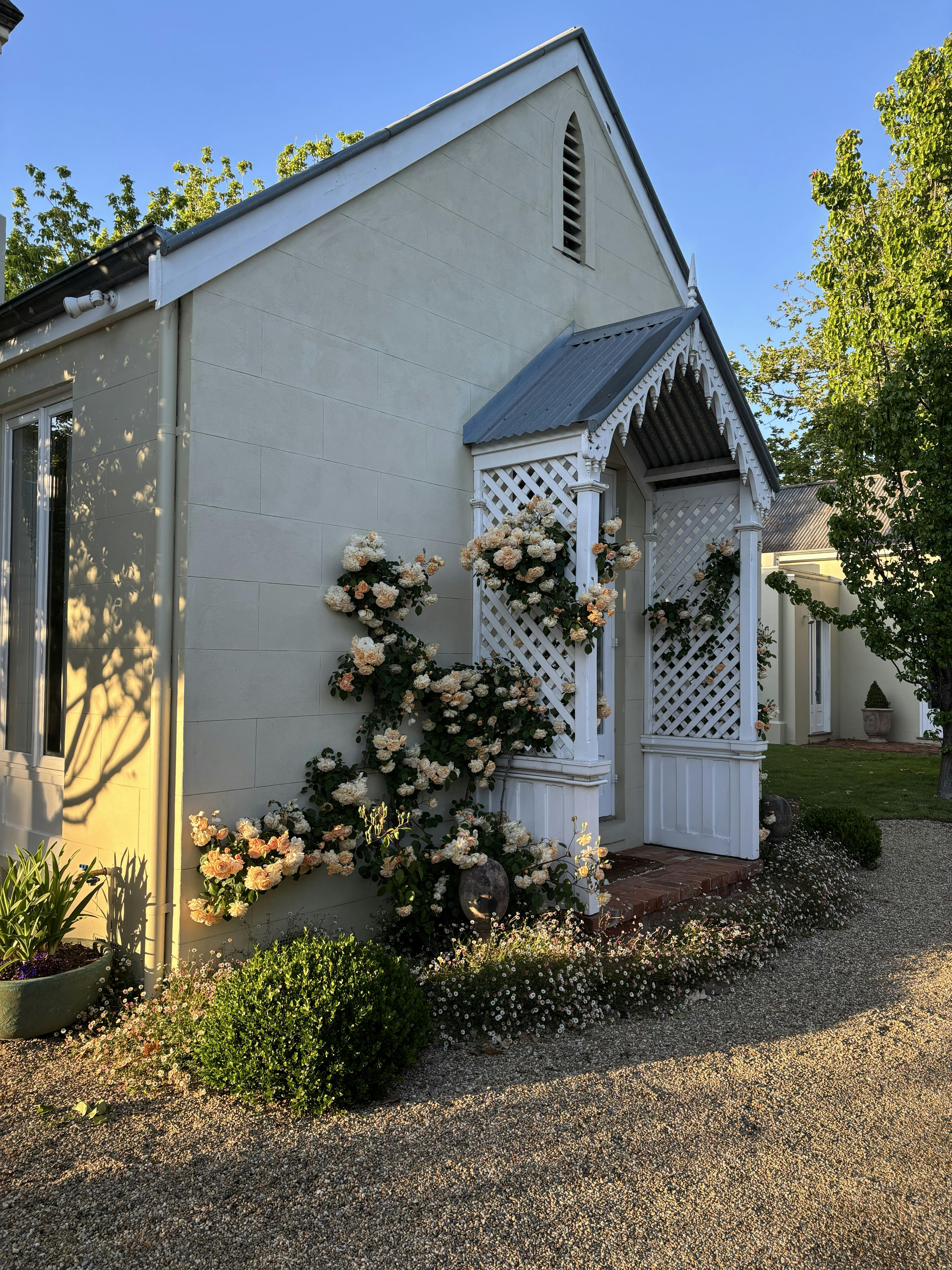 Arched entrance with orange rose