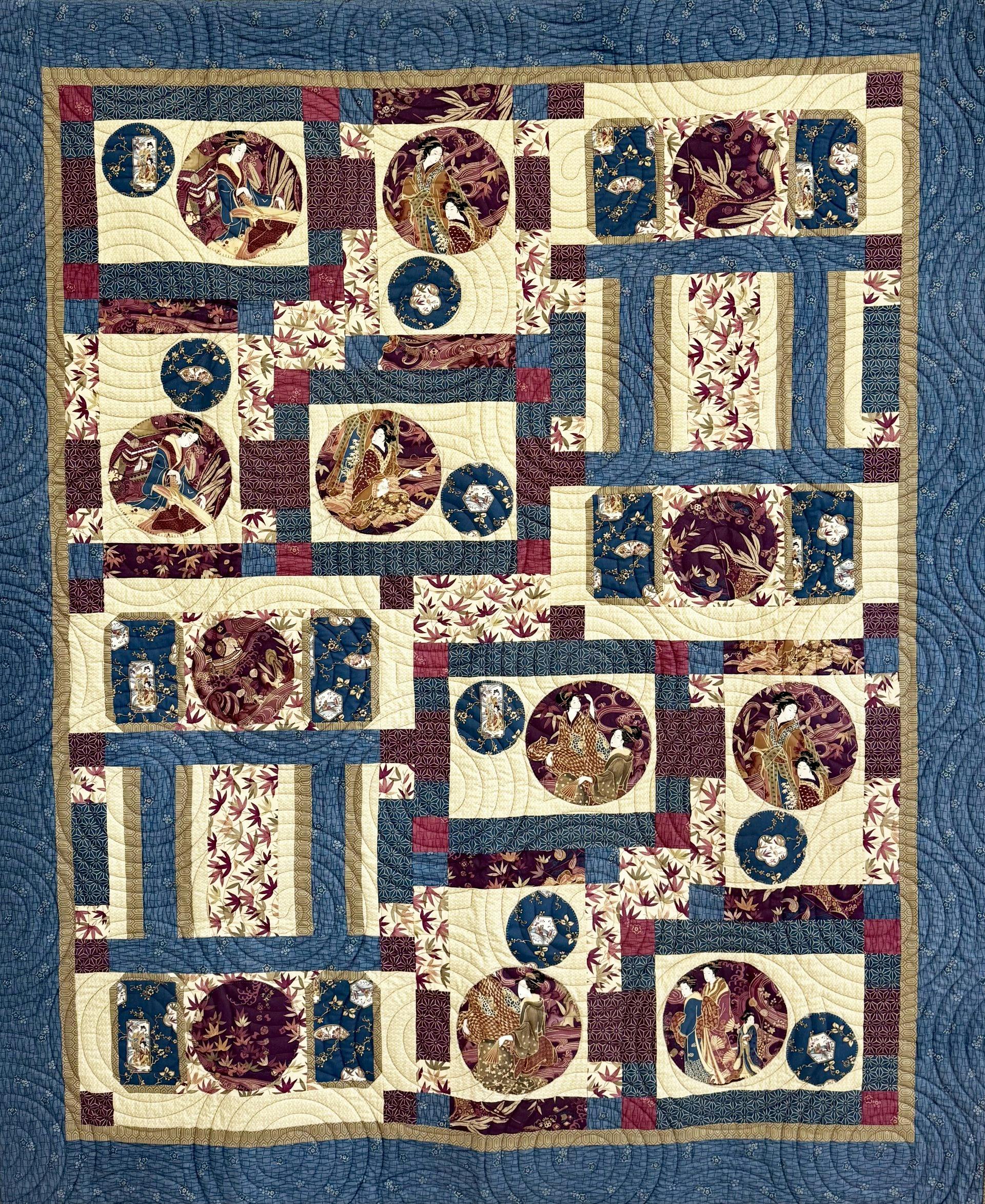 Japanese inspired quilt featuring applique of Japanese ladies