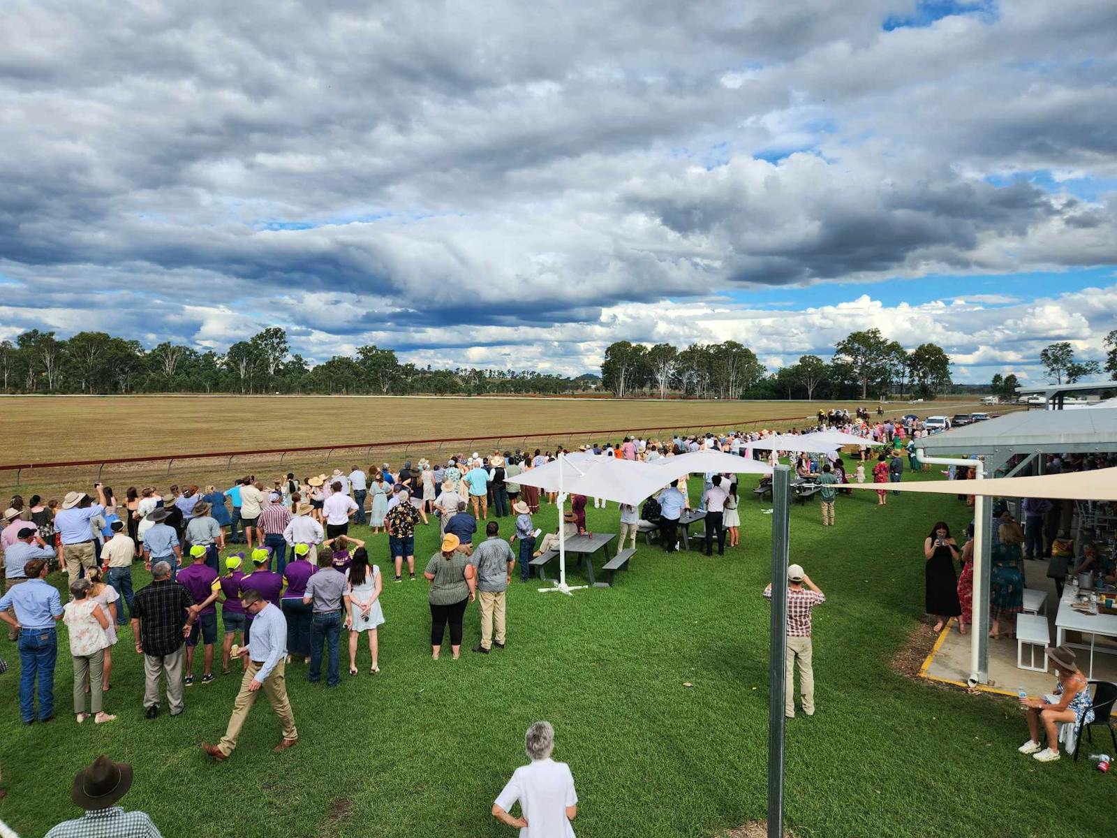 Race Horses coming down the home straight in front of a croud.