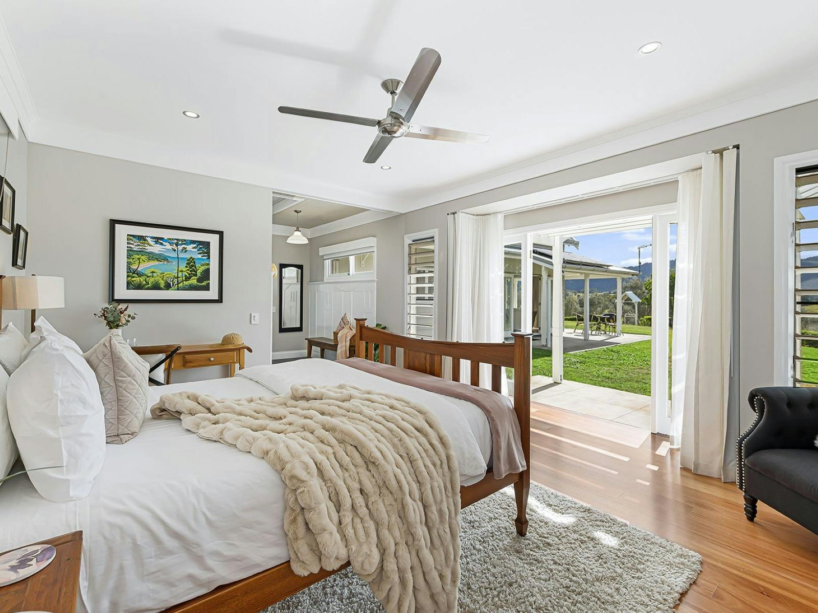 Wooden queen bed, mud room, open double french doors out to green lawns, Wooden queen bed, mud room, open double french doors out to green lawns,