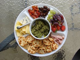 Platter - Crackers GF available ask, 2 Cheeses, Fruit seasonal or dried, Sun dried tomatoes, Meats