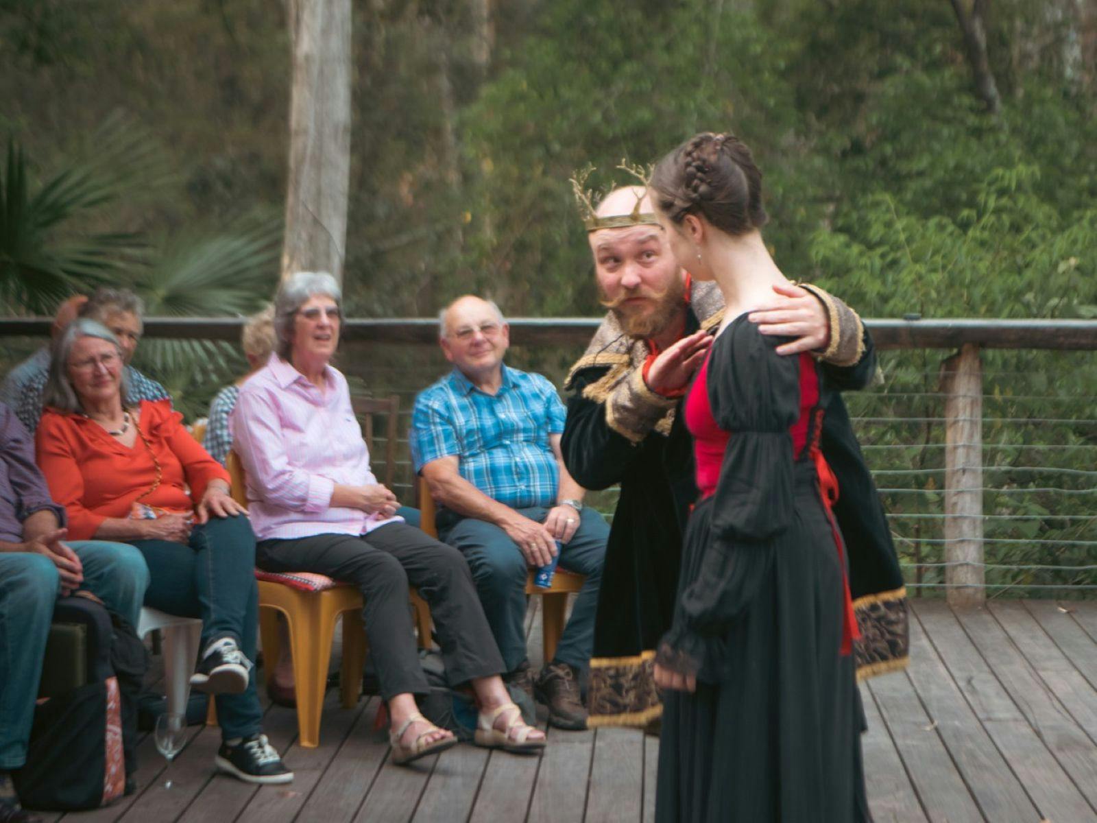 Actors perform Shakespeare in outdoor forest theater at Dungog Shakespearience, at Wangat Lodge, NSW
