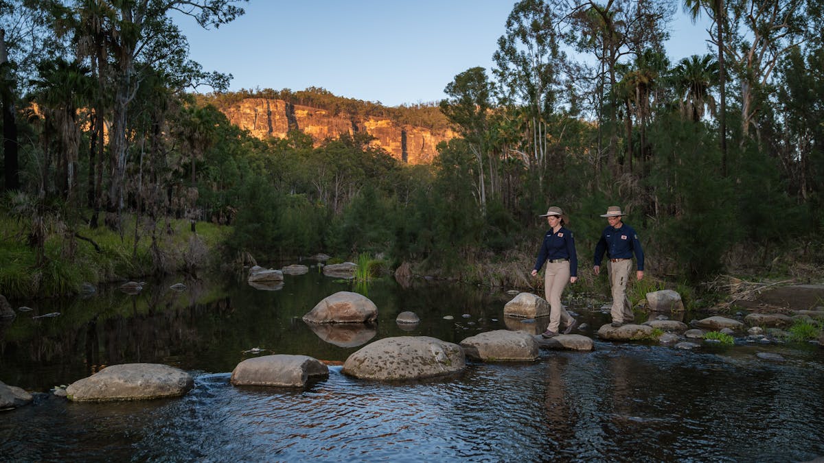 Tour guides cross the creek via stepping stones at Carnarvon Gorge, with cliffs bathed in sunlight