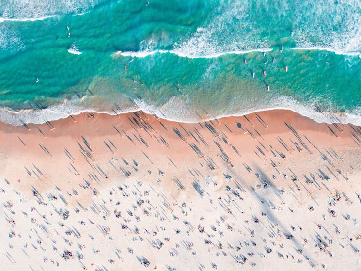Aerial overlooking beachgoers on Bondi Beach, Sydney