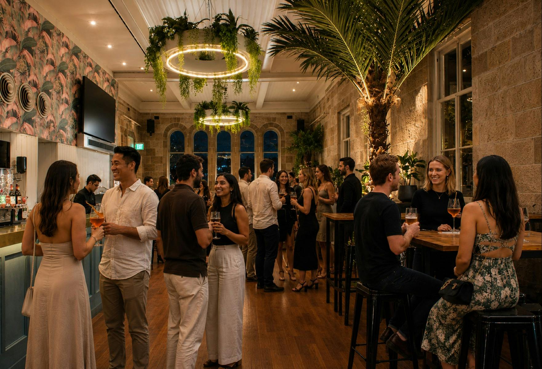 Guests mingling with drinks in the warmly lit, leafy Lounge Bar at The Greenwood Hotel