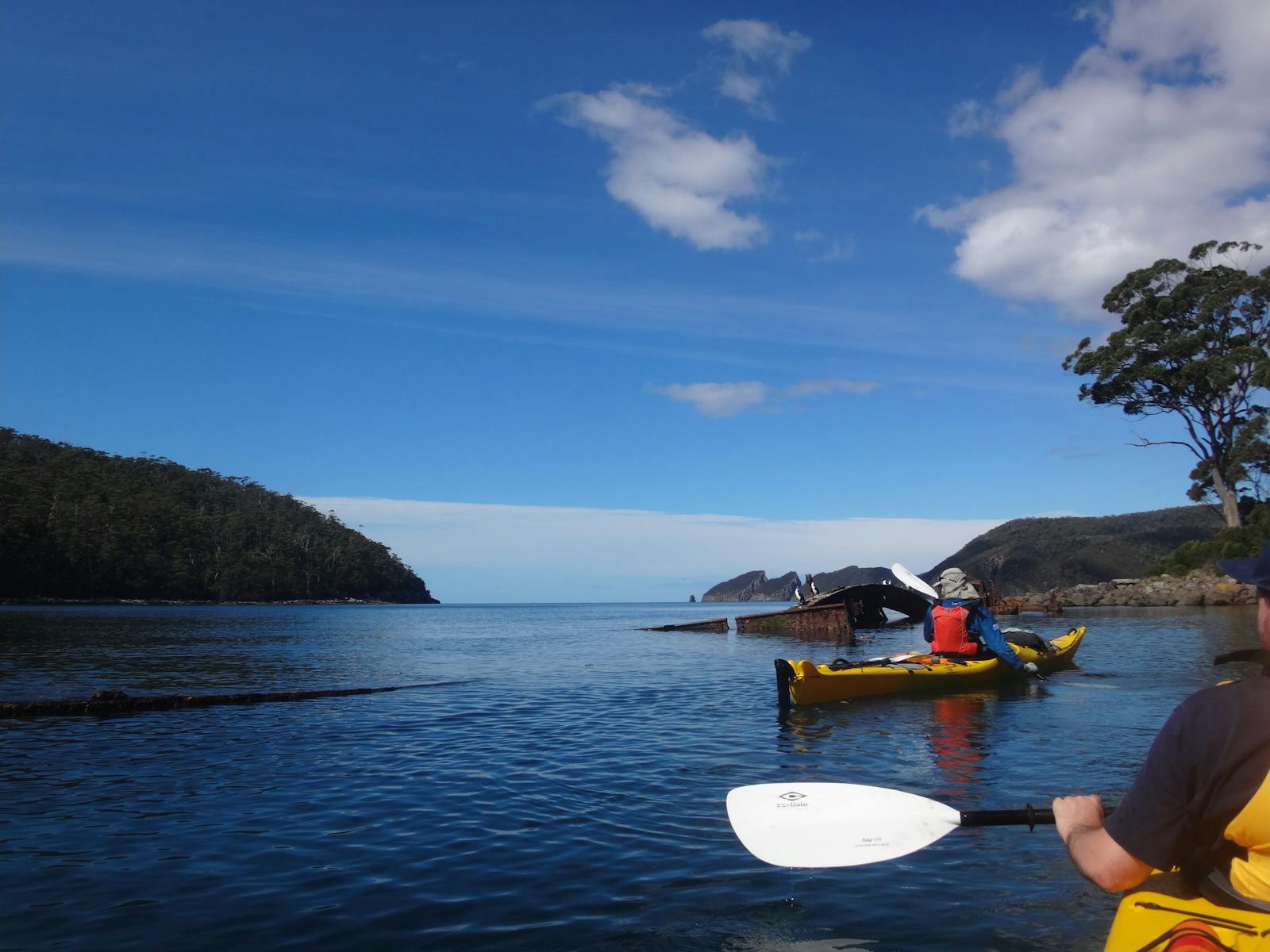Kayakers paddling past a shipwreck on Fortescue Bay, Tasman Peninsula