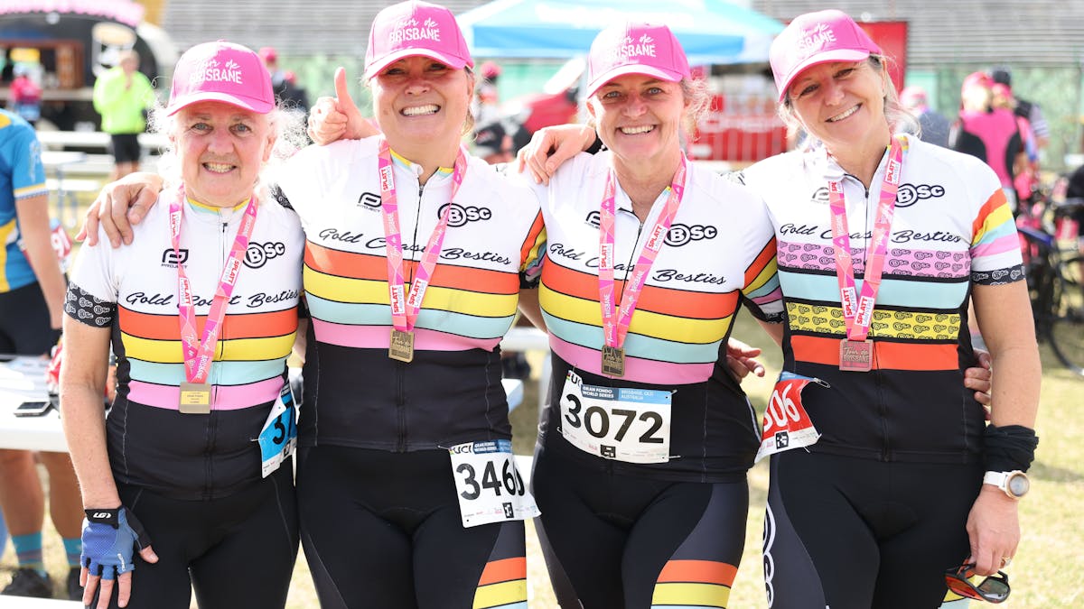 Women having fun at the finish line