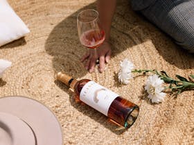 Glass of wine and food platter in a cellar door environment