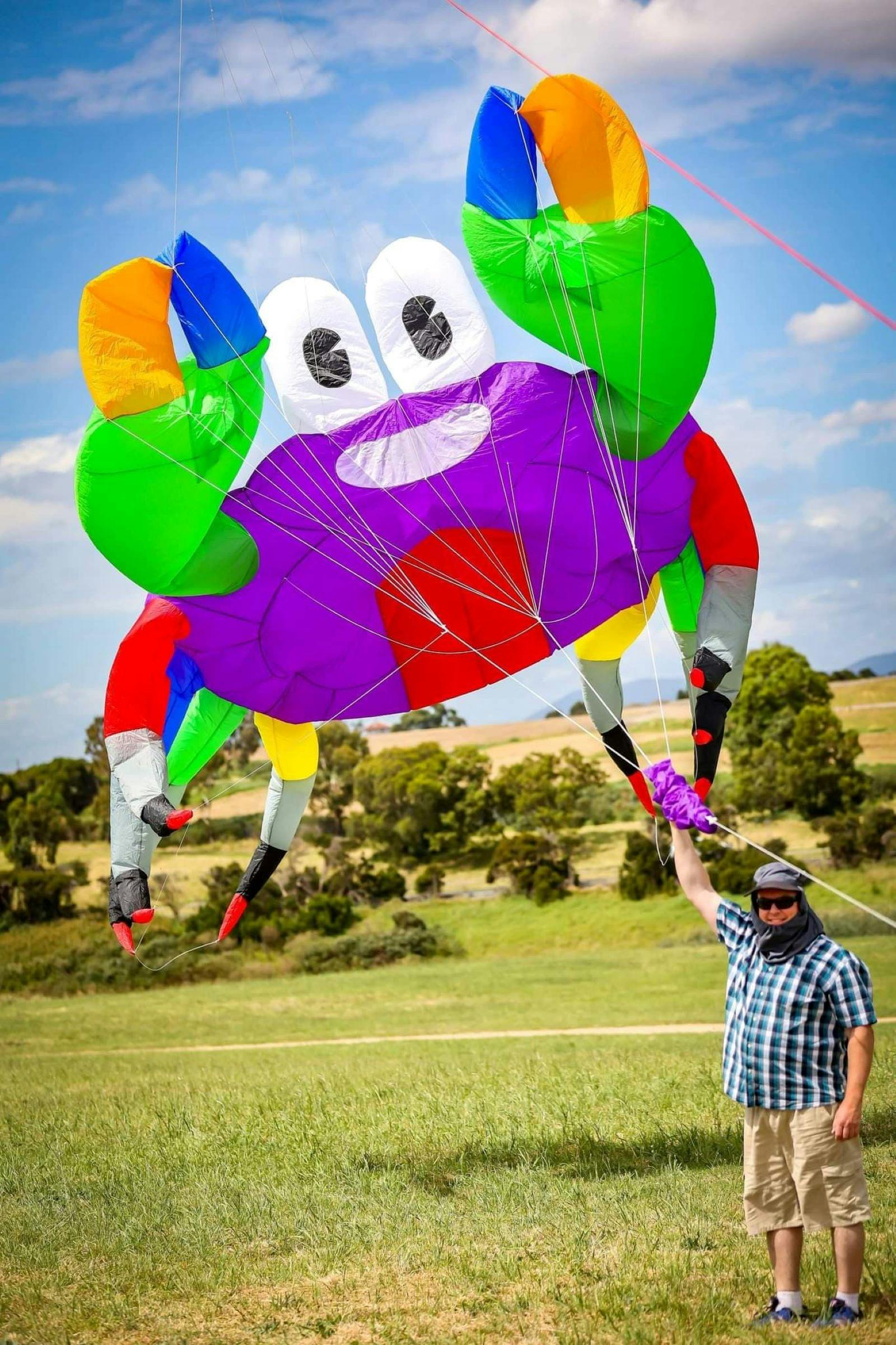crab shaped kite with man holding it