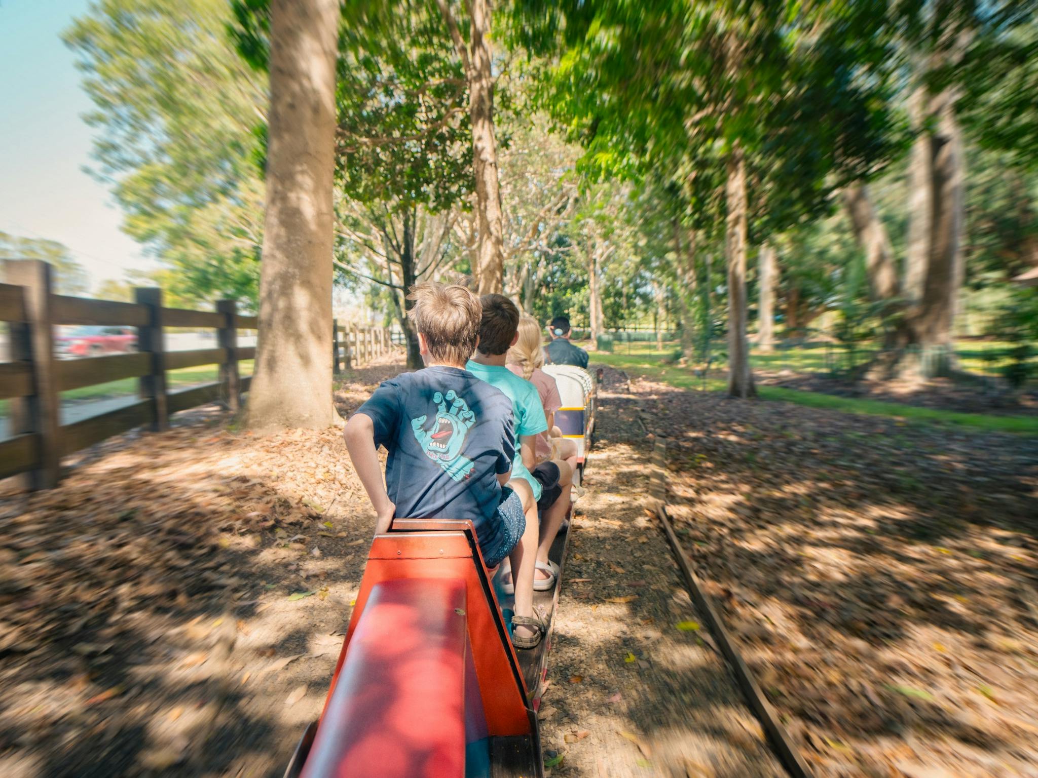 Children enjoying nature while on the miniature train