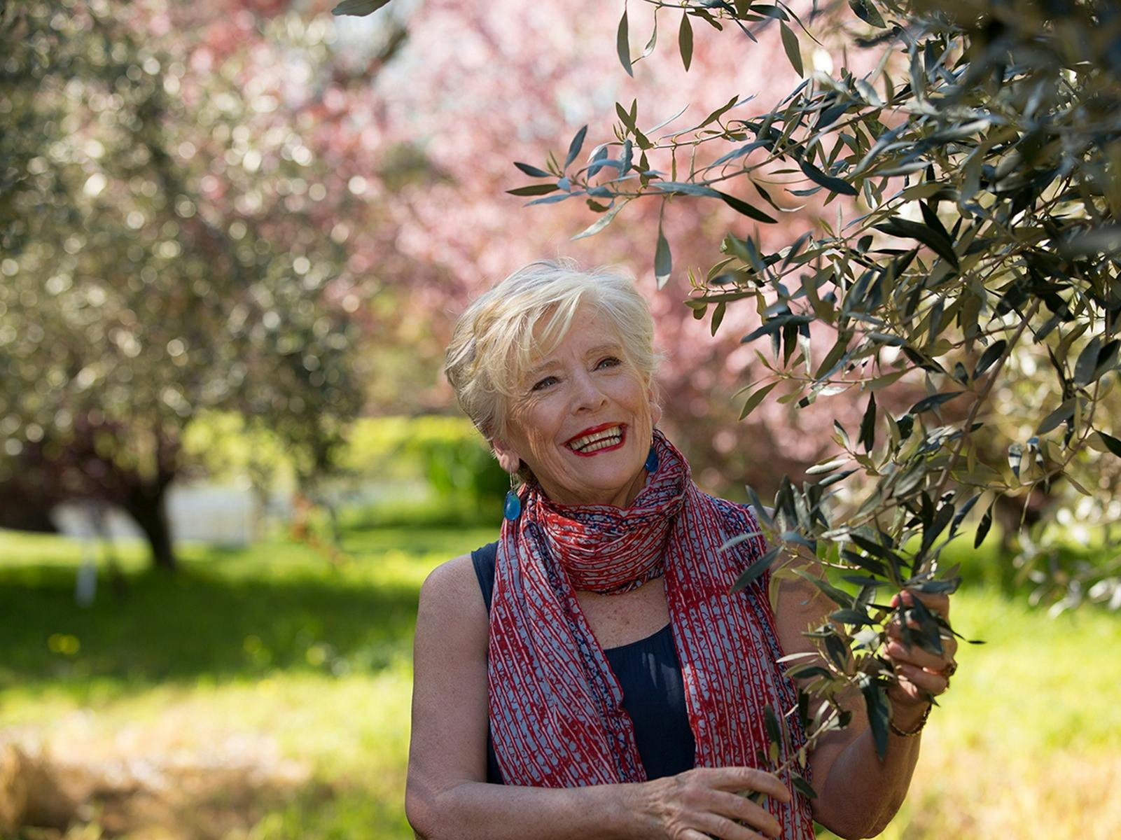 Woman holding the branch of a tree in a field, wearing a red and blue scarf and red lipstick.