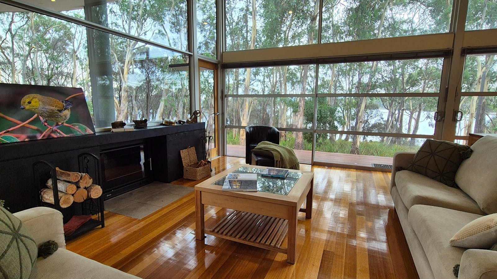 Living room with fireplace, view to the BBQ area and alfresco and ocean views
