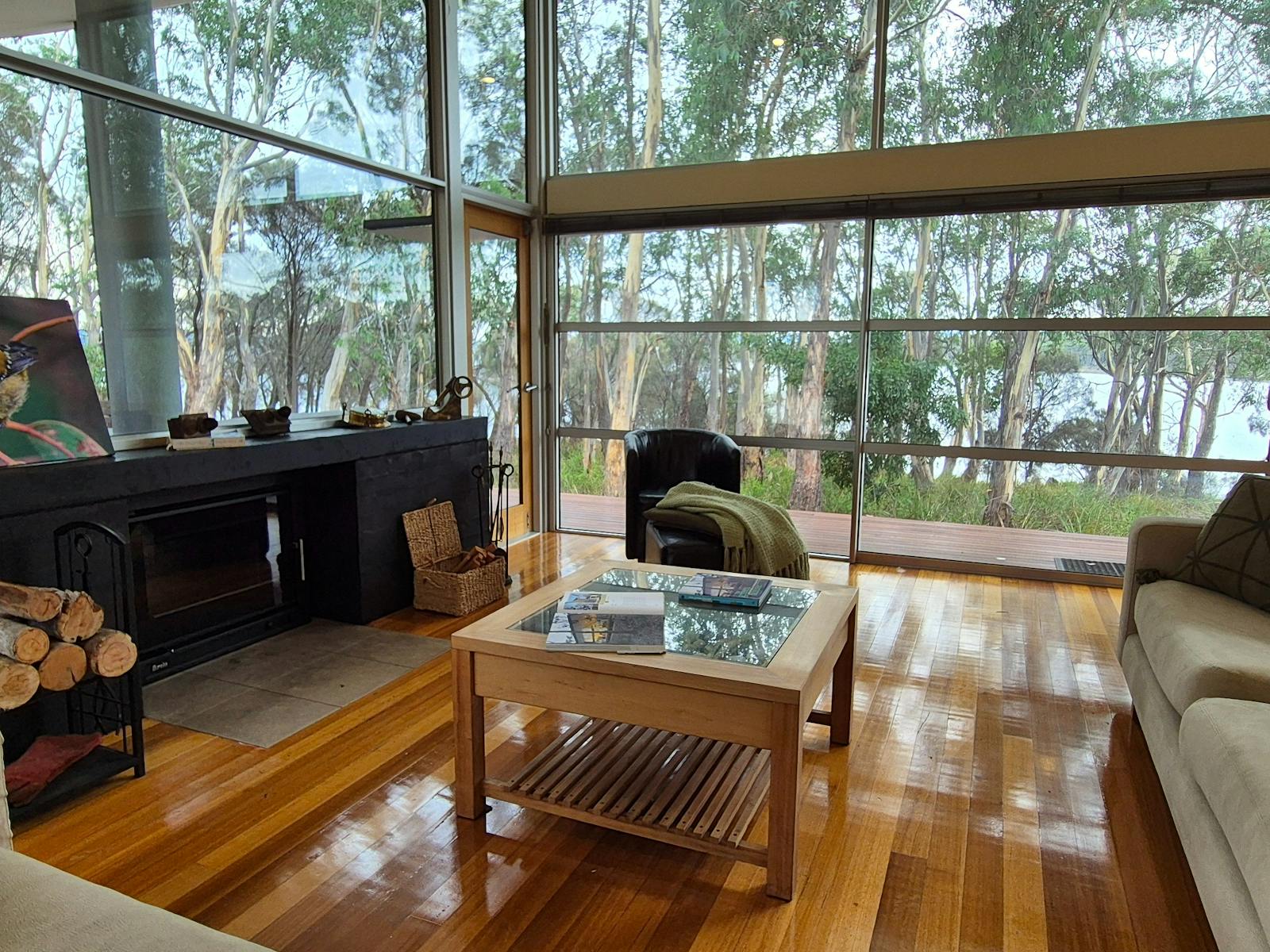 Living room with fireplace, view to the BBQ area and alfresco and ocean views
