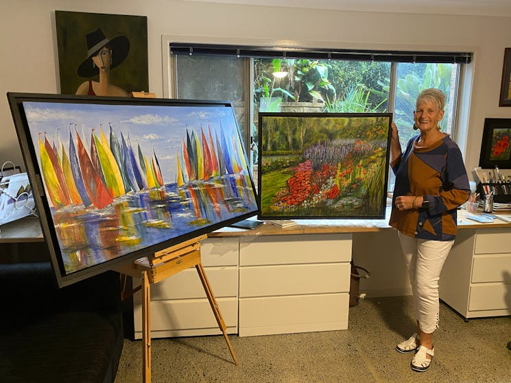Edith McNally  Northern illawarra Art Trail with her large paintings in her studio