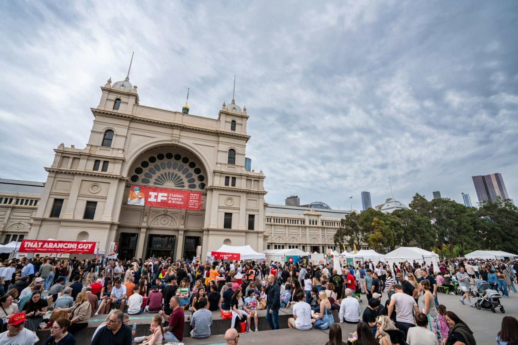 A large crowd gathers outside Melbourne’s Royal Exhibition Building for the Italian Festa & Expo.