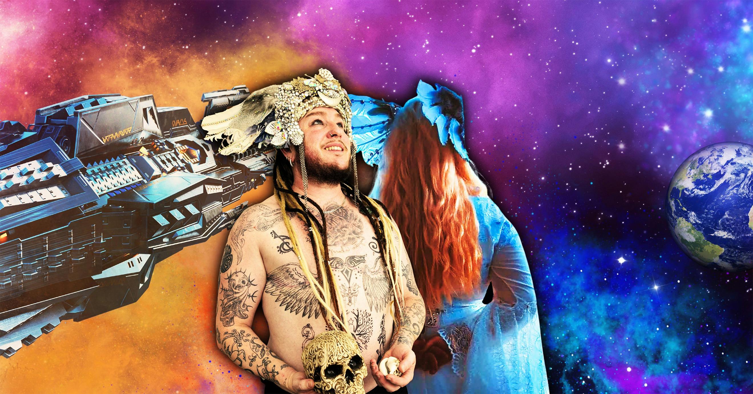 A man in a native american headdress in front of the back of a woman, with galaxy background.